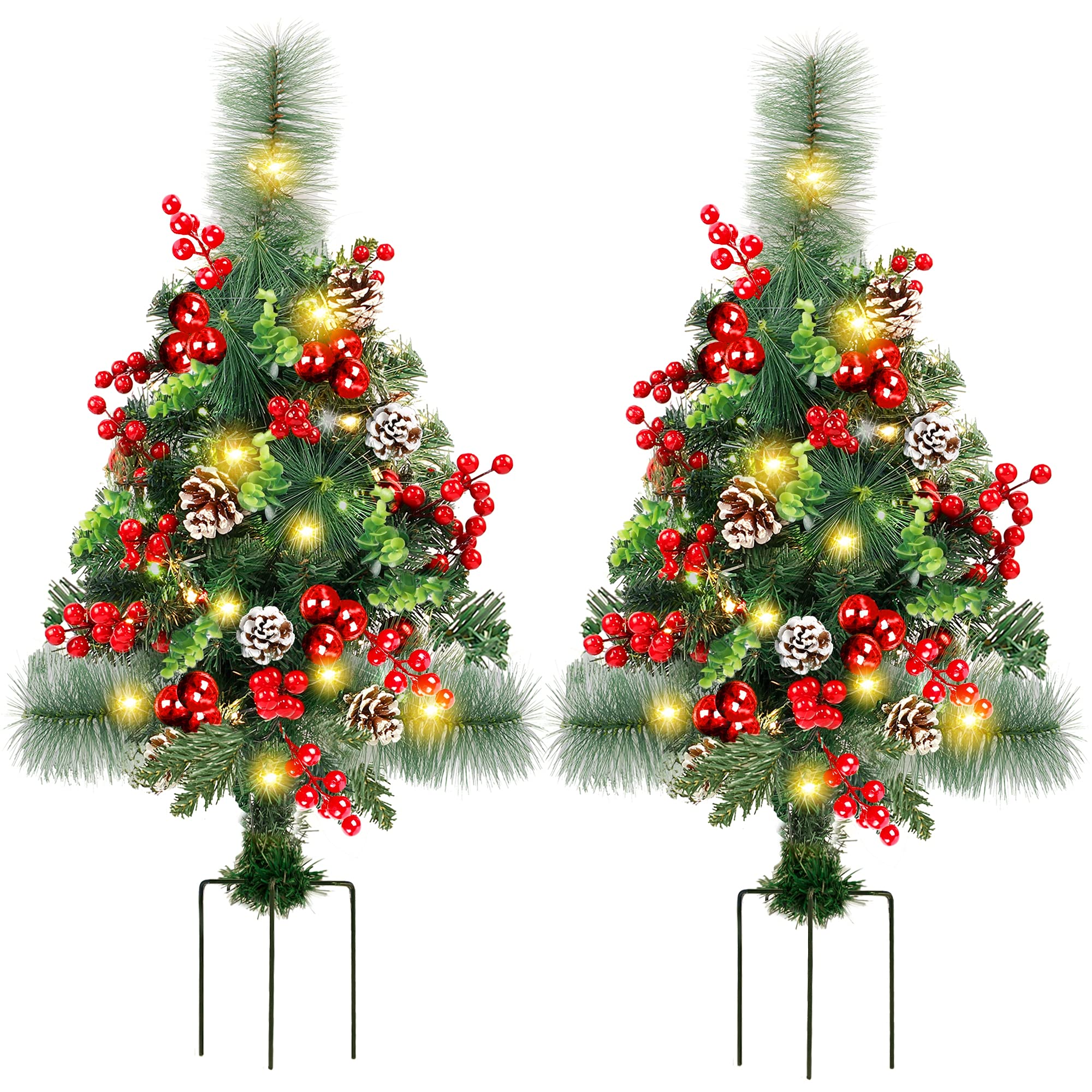 GUOOU Set of 2 Pathway Christmas Tree Urn Filler, Lighted Artificial Mini Xmas Trees with Lights, Outdoor Christmas Decorations 