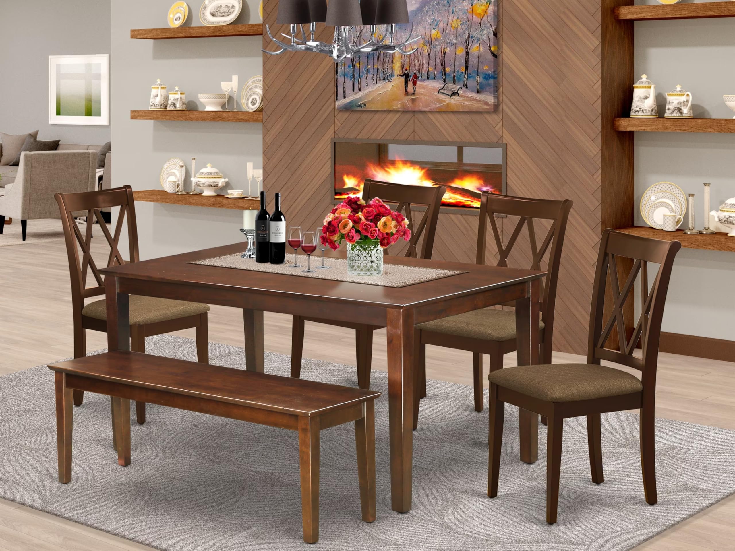 East West Furniture Cacl6-Mah-C 6 Piece Dining Table Set Contains A Rectangle Dining Room Table And 4 Linen Fabric Upholstered Chairs With A Bench, 36X60 Inch, Mahogany