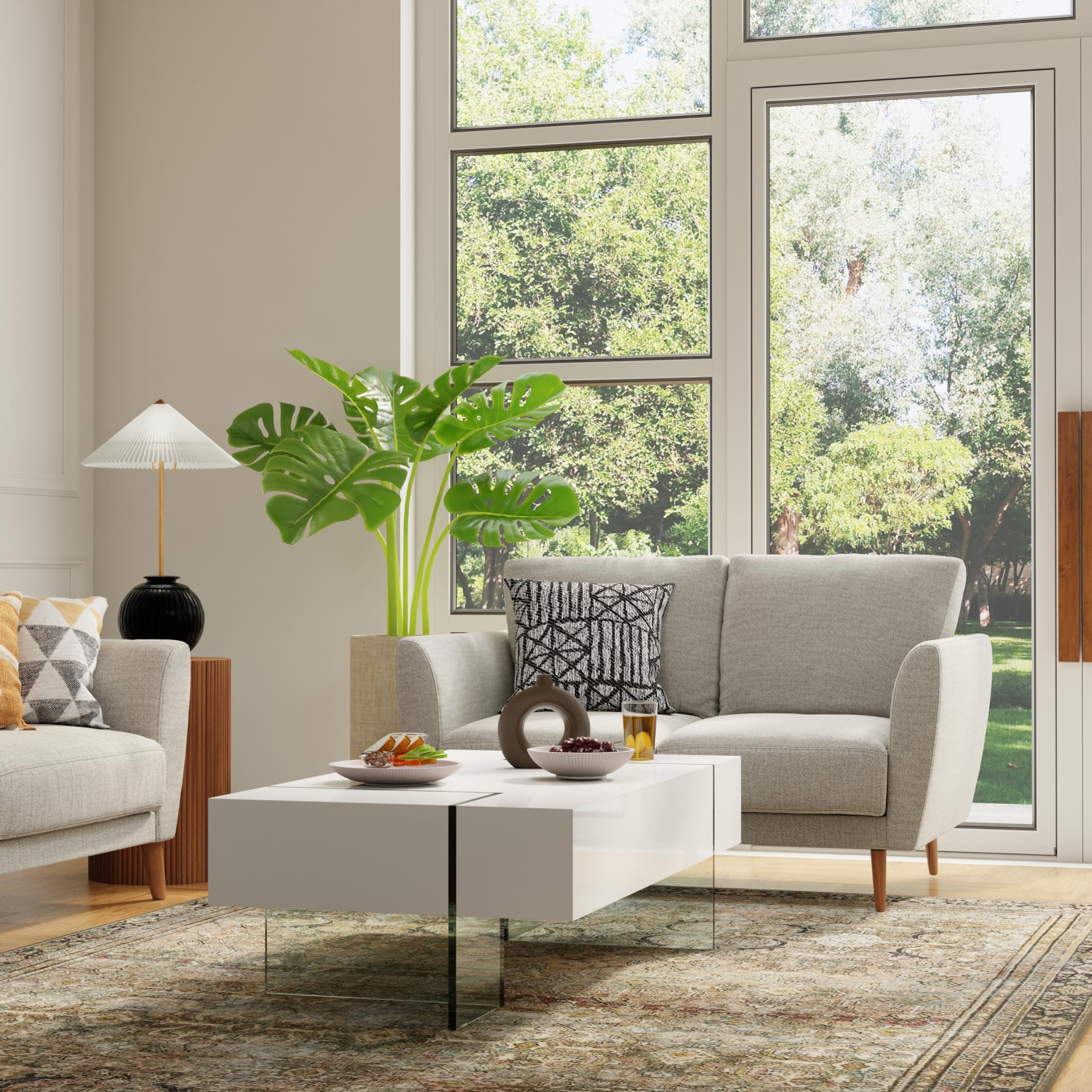 Neos Modern Furniture Rectangle, Lacquer top with 15mm Thick Clear Glass Legs (16" Tall) Coffee Table, White