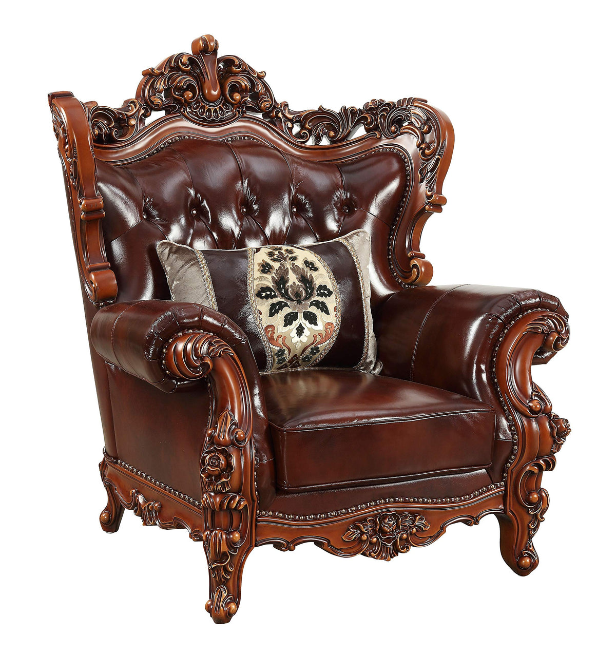 Acme Furniture Eustoma Chair with 1 Pillow, Cherry Top Grain Leather & Walnut