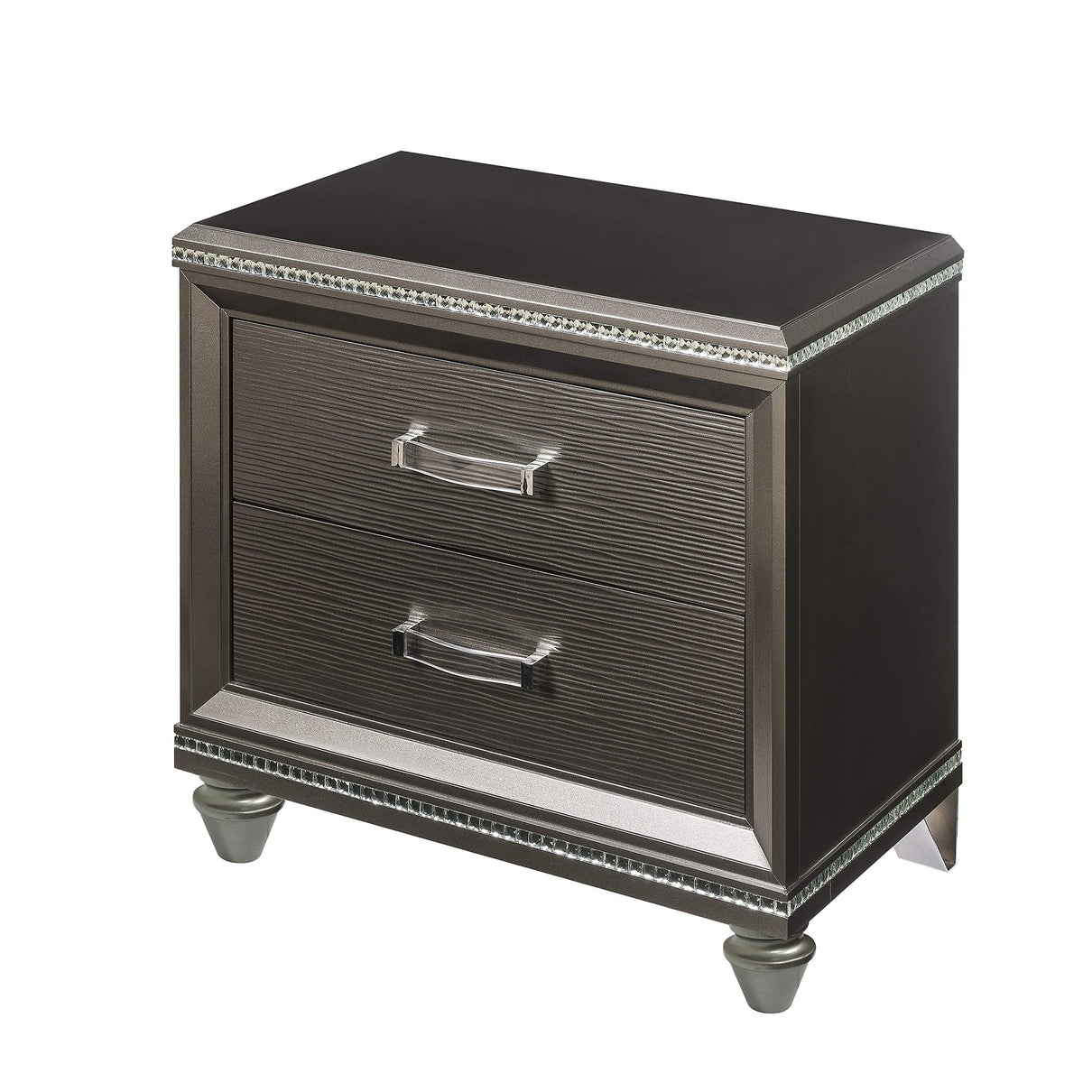 Benjara Contemporary 2 Drawer Wooden Nightstand With Mirror Trim Details, Brown