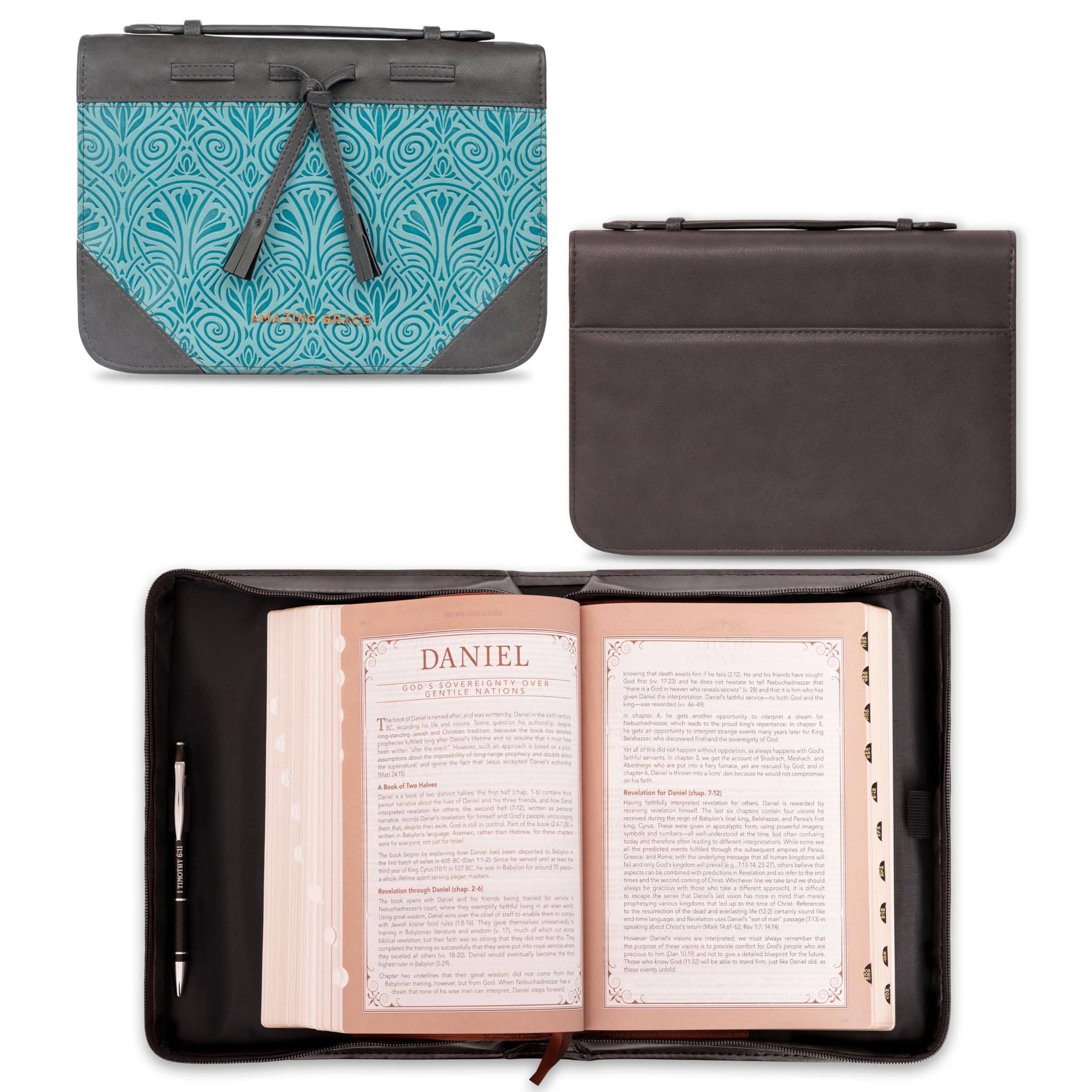 Christian Art Gifts Women'S Fashion Bible Cover Amazing Grace, Turquoise/Gray Tassels Faux Leather, Large