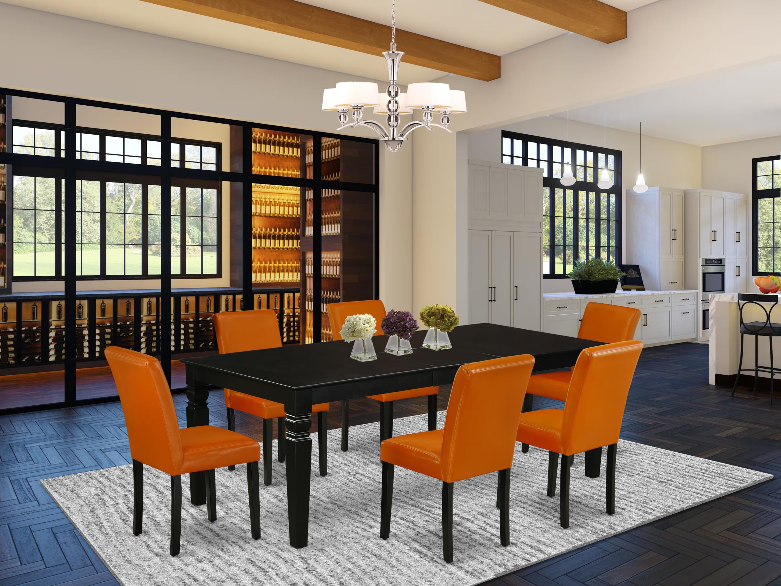 East West Furniture Lgab7-Blk-61 7 Piece Dining Table Set Consist Of A Rectangle Butterfly Leaf Table And 6 Baked Bean Faux Leather Upholstered Chairs, 42X84 Inch, Black