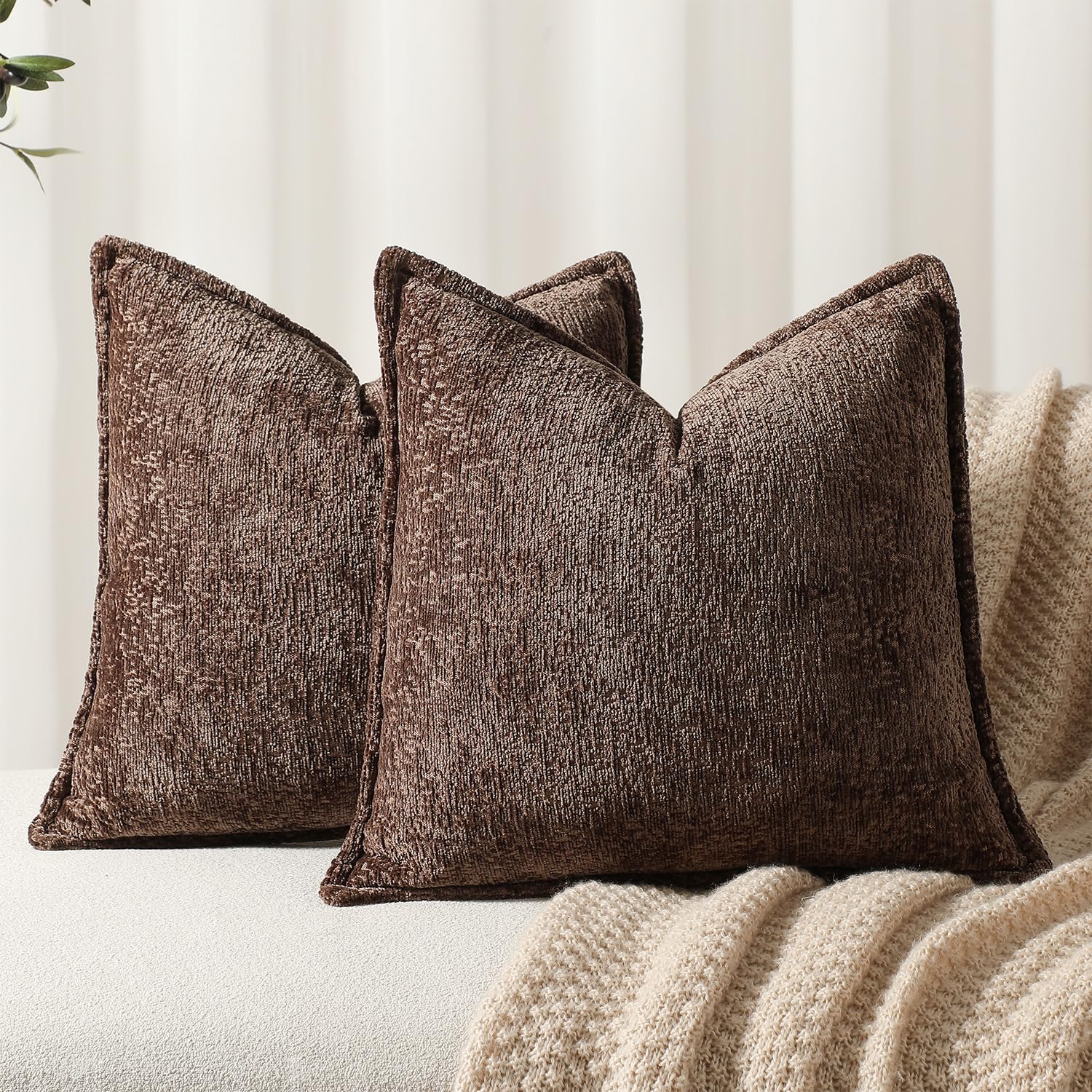 Dezene Pack Of 2 Chocolate Brown Decorative Throw Pillow Covers 22X22 Cozy Soft Chenille Accent Vintage Square Couch Pillow Cove