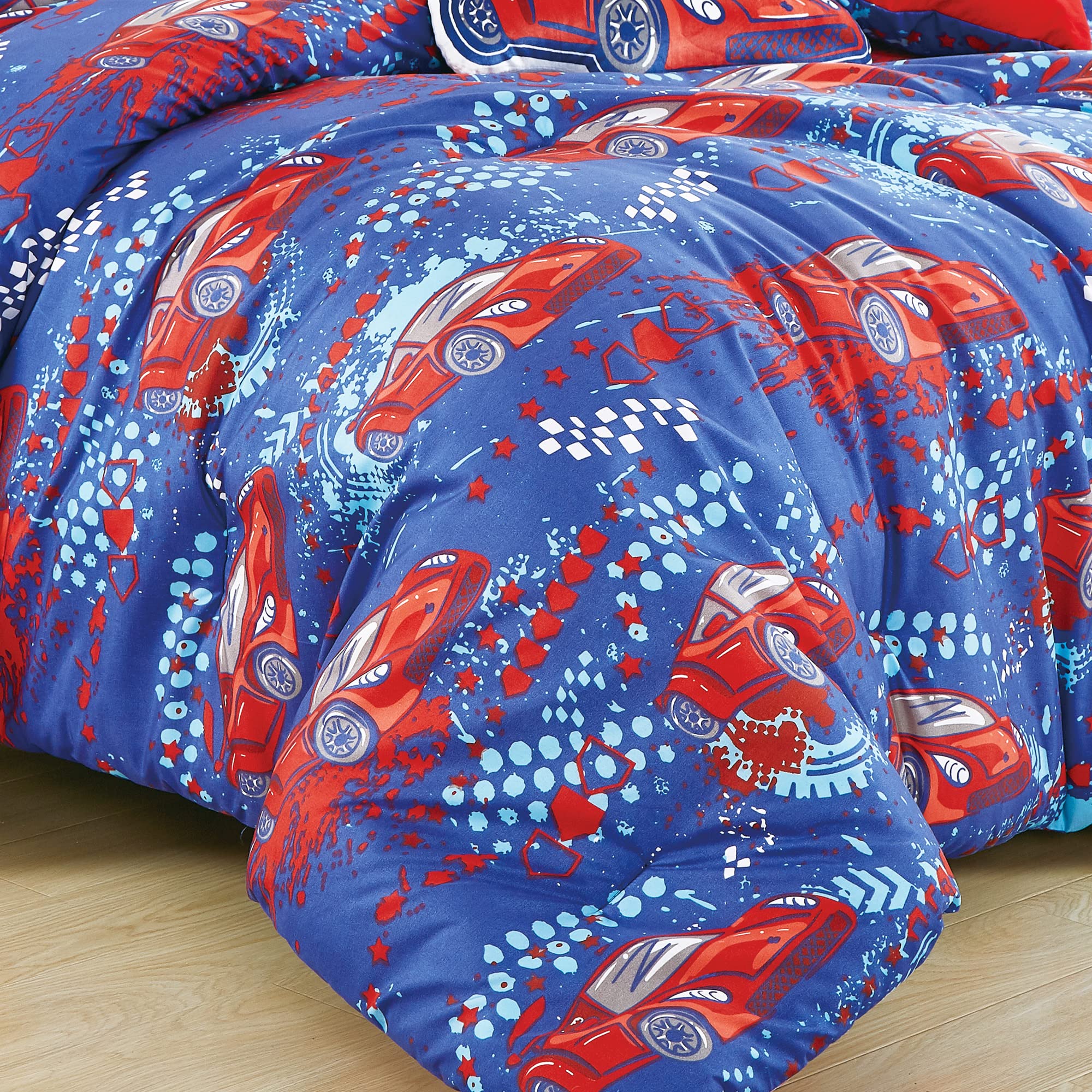 Red Race Cars Print Comforter Set For Boys Girls Teen, Full Size Bedding For Race Car Fan, Include Comforter Fitted Sheet, Pillo