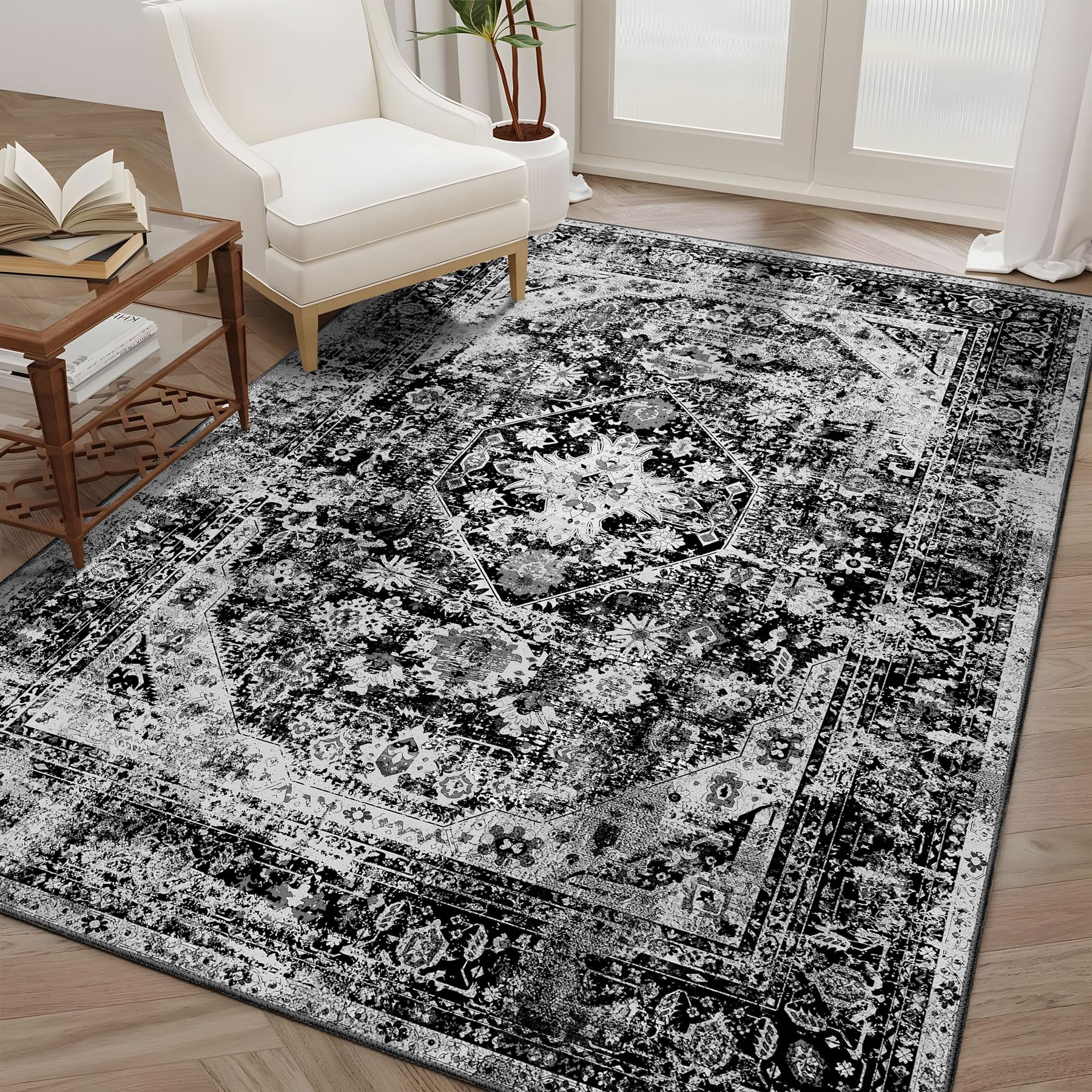 MUJOO Black Rug Washable,Boho Area Rugs for Bedroom Living Room Bedside Office,Non Slip Throw Carpet for Floor Soft Black and Wh