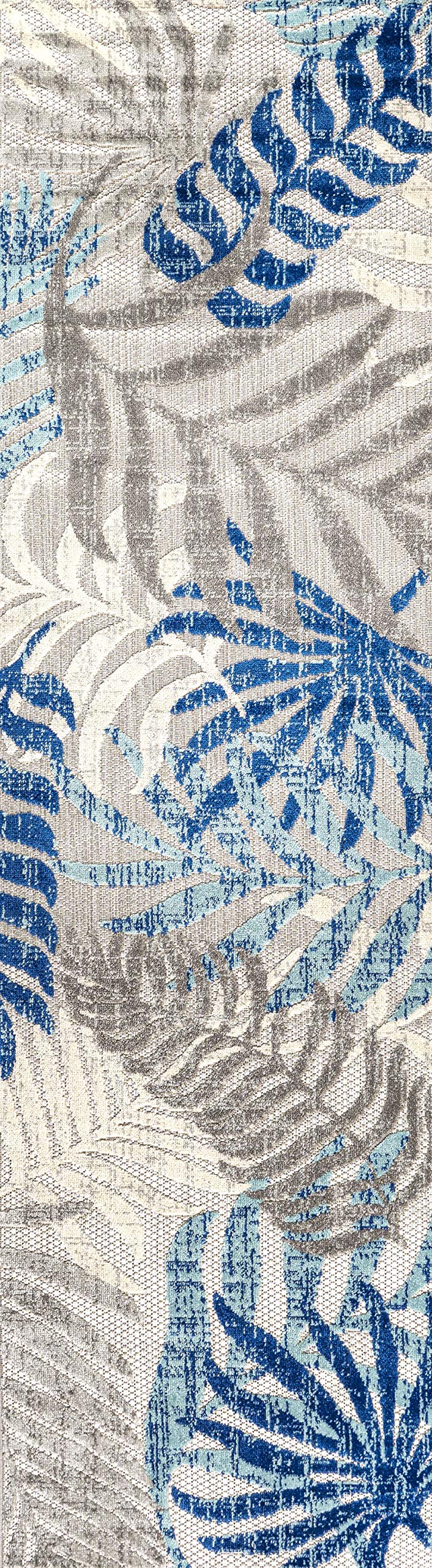 Jonathan Y Amc100A-28 Tropics Palm Leaves Indoor Outdoor Area-Rug Bohemian Floral Easy-Cleaning High Traffic Bedroom Kitchen Backyard Patio Porch Non Shedding, 2 X 8, Gray/Blue