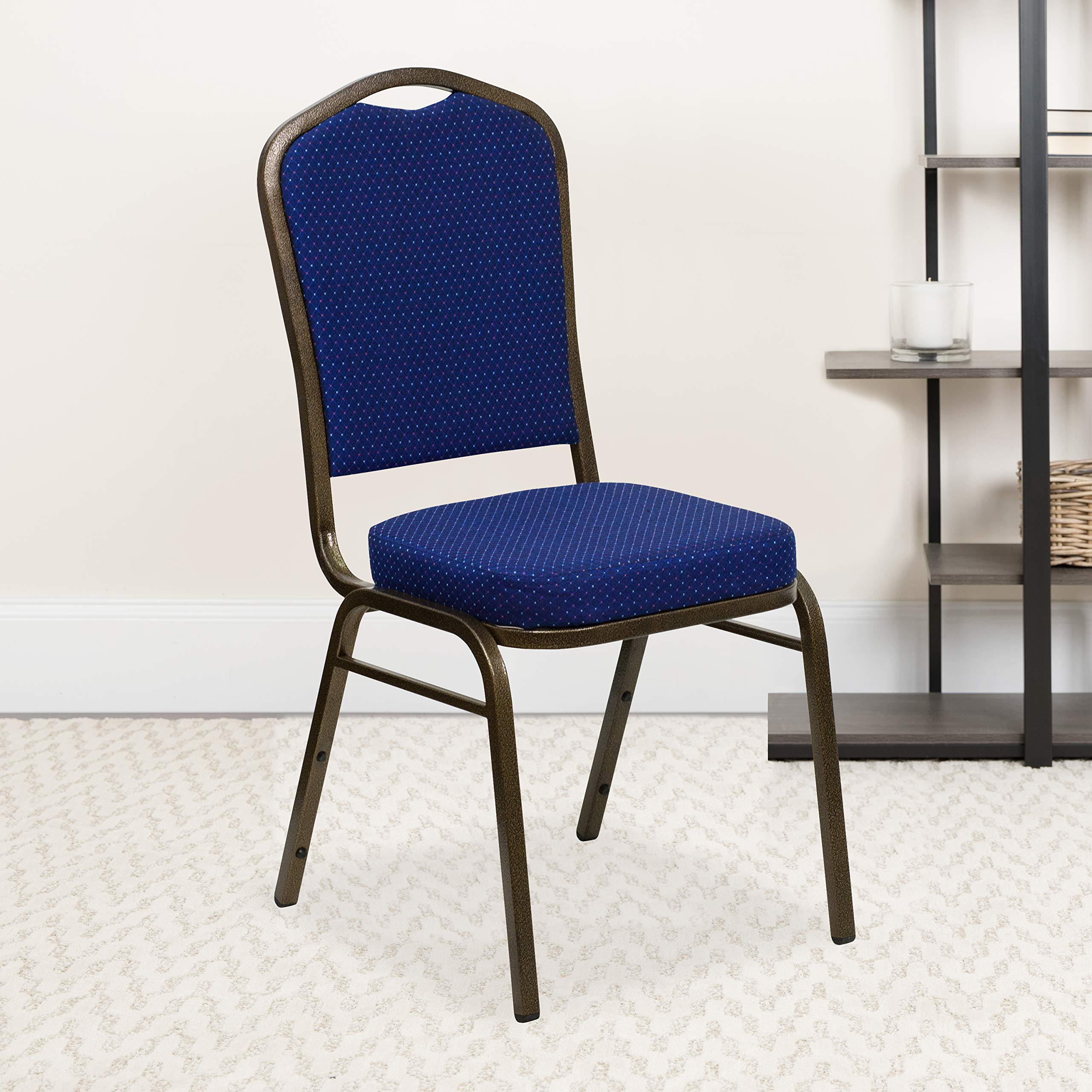 Flash Furniture HERCULES Series Crown Back Stacking Banquet Chair in Navy Blue Patterned Fabric - Gold Vein Frame