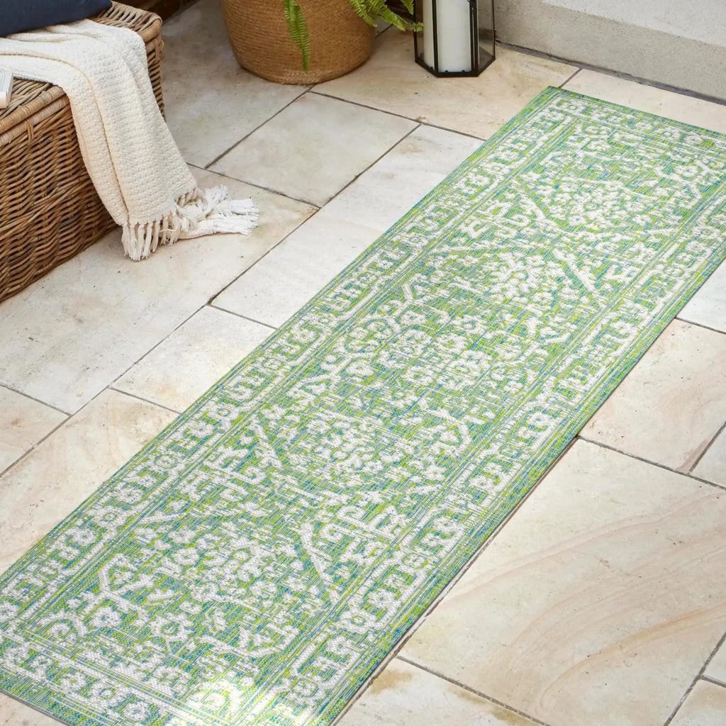 Jonathan Y Smb104F-28 Malta Bohemian Medallion Textured Weave Indoor Outdoor Area Rug, Coastal, Traditional, Transitional Easy Cleaning,Bedroom,Kitchen,Backyard,Patio,Non Shedding, Cream/Green, 2 X 8