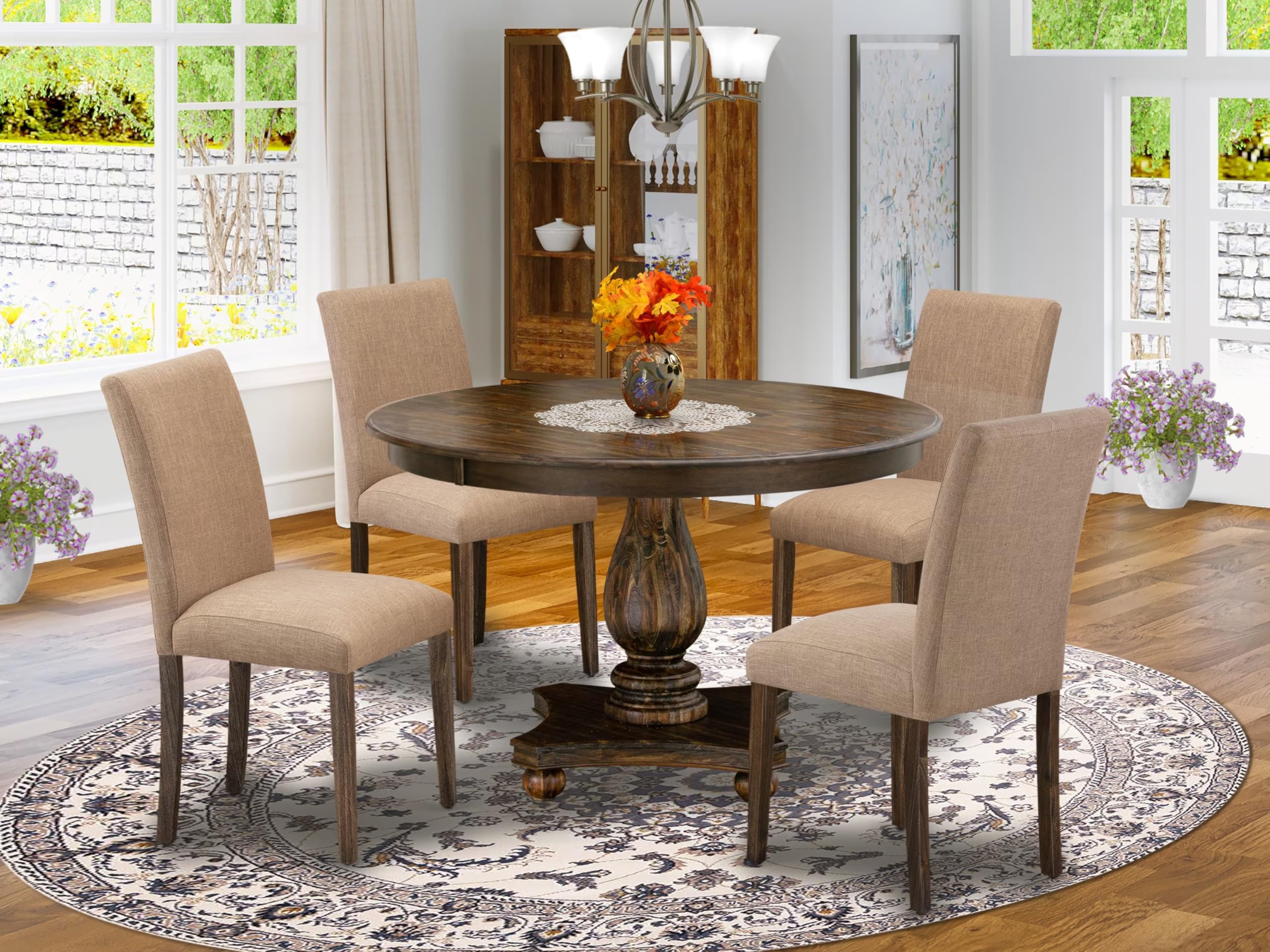 East West Furniture F2AB5-747 5 Piece Dining Room Furniture Set Includes a Round Dining Table with Pedestal and 4 Light Sable Linen Fabric Upholstered Chairs, 48x48 Inch, Distressed Jacobean