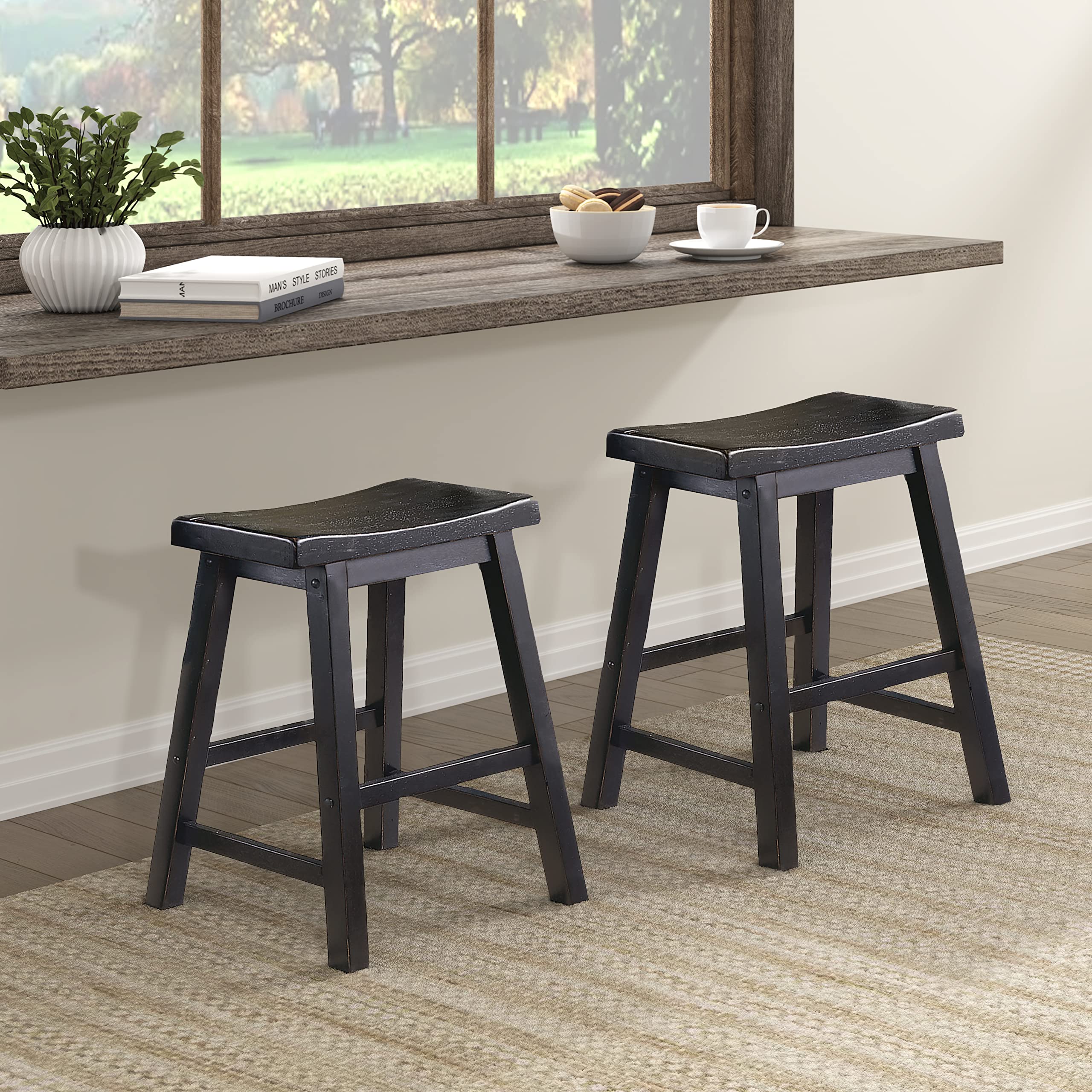 Lexicon Finnian Saddle Wood Dining Stool (Set of 2), 17.5 SH, Black Sand