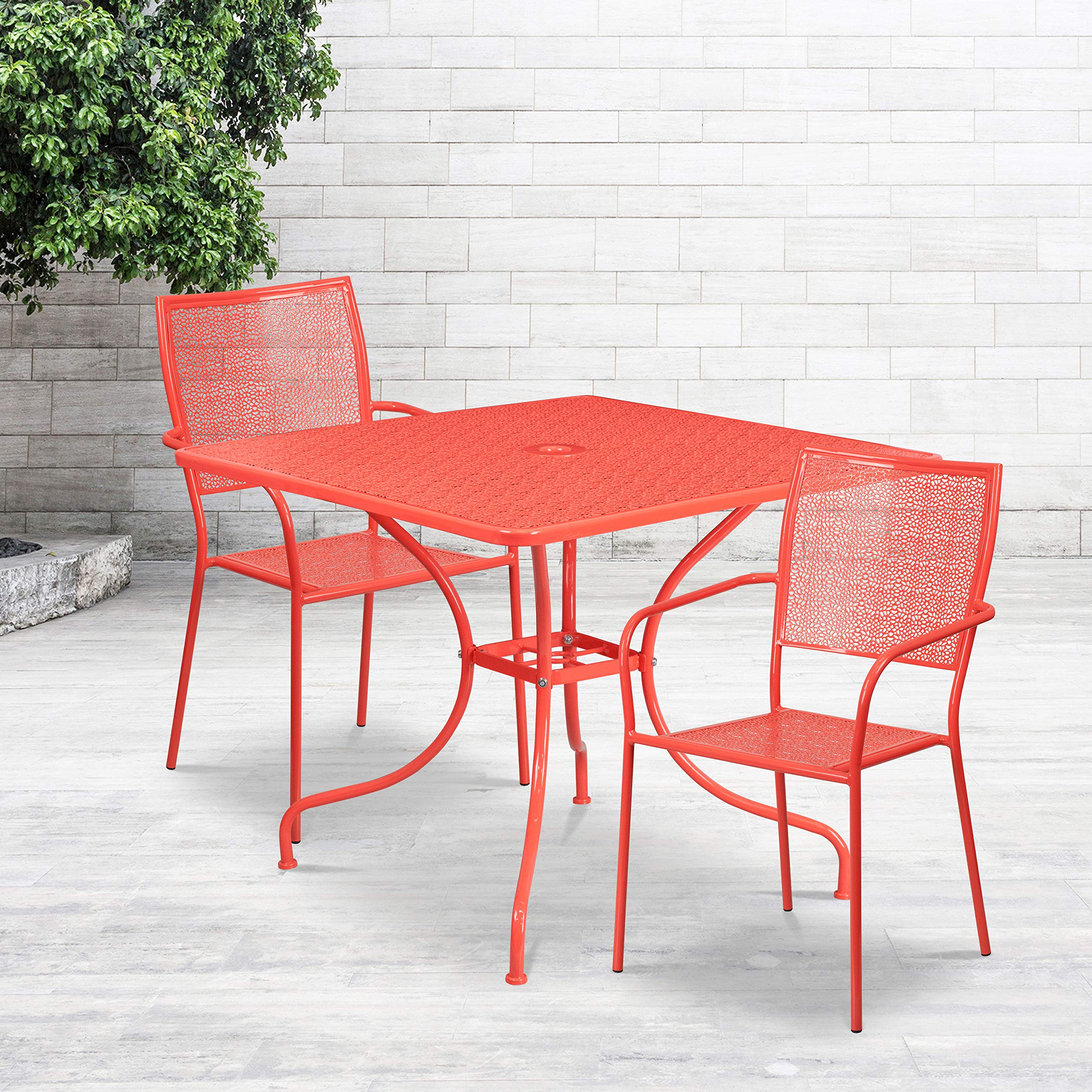 Flash Furniture Commercial Grade 35.5' Square Coral Indoor-Outdoor Steel Patio Table Set With 2 Square Back Chairs
