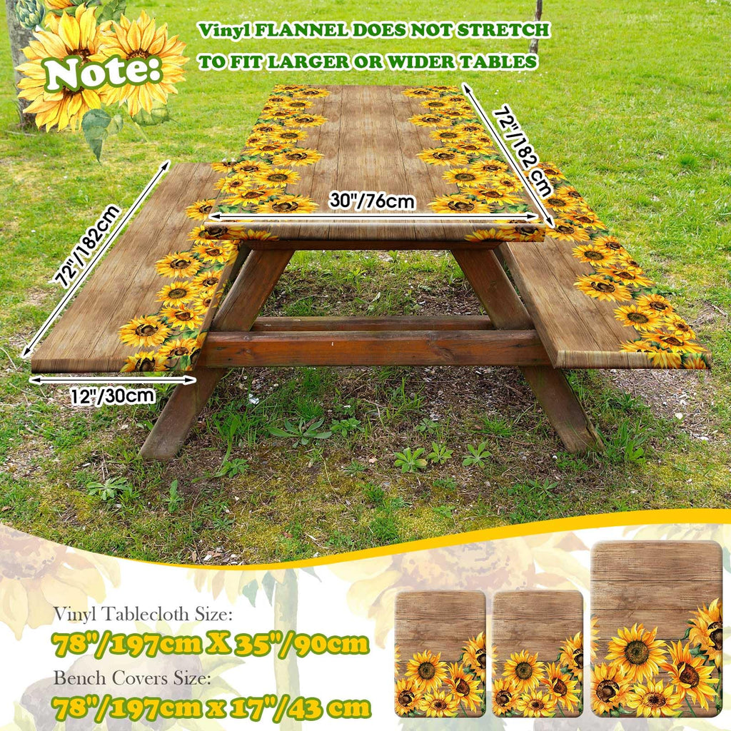 3 Pcs Vinyl Picnic Table And Bench Fitted Tablecloth Cover Set 6 Ft 30 X 72 Inch Flannel Backing Rectangular Elastic Edged Picnic Table Cover For Summer Outdoor Patio Travel (Retro Sunflower)