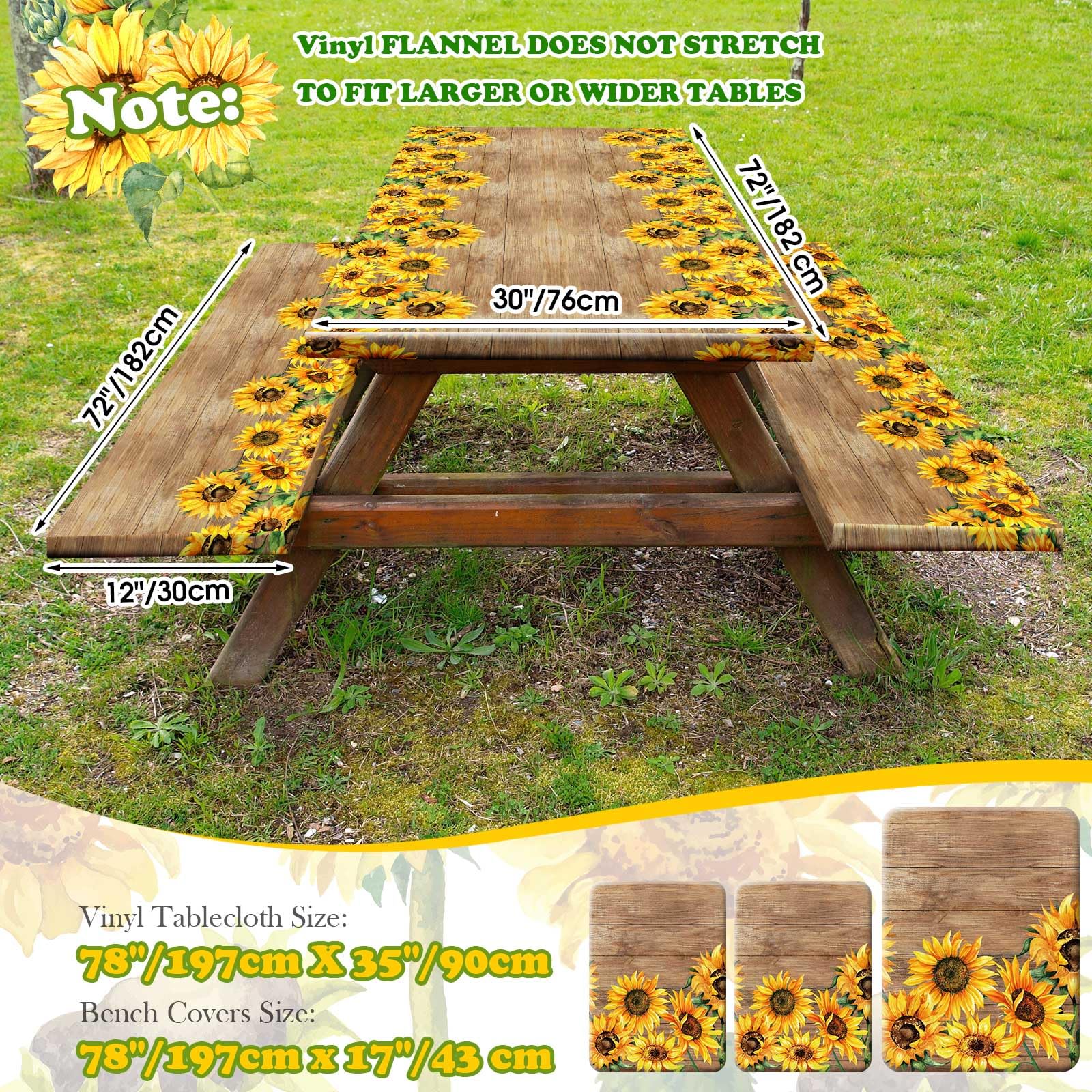 3 Pcs Vinyl Picnic Table And Bench Fitted Tablecloth Cover Set 6 Ft 30 X 72 Inch Flannel Backing Rectangular Elastic Edged Picnic Table Cover For Summer Outdoor Patio Travel (Retro Sunflower)