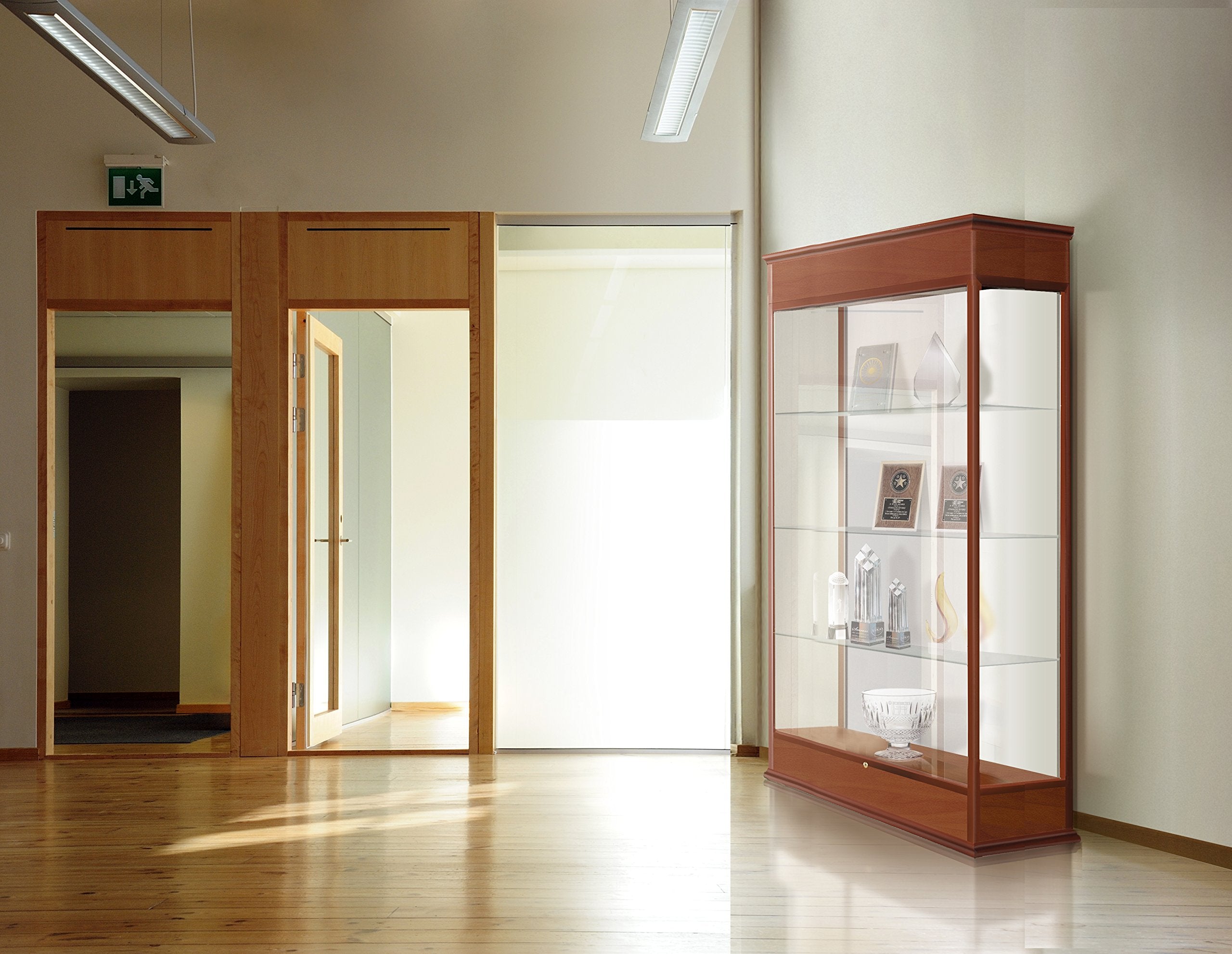 Waddell Varsity Sliding Doors Lighted Display Case, 48W By 77H By 18&quot; D, Plaque Back With Espresso Finish