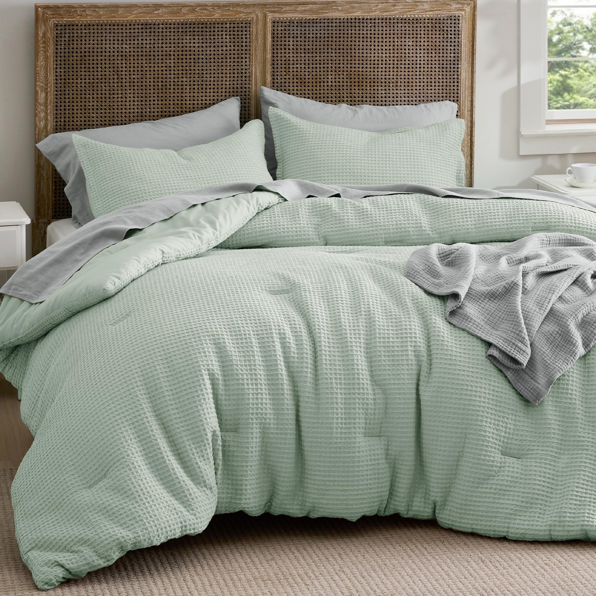 Bedsure Waffle Comforter Set King, Sage Green Cotton Bedding Set For All Seasons, Waffle Weave Bed Set, 3 Pieces, 1 Comforter (104'X90') And 2 Pillow Shams, Premium Cotton Cover With Polyester Fill