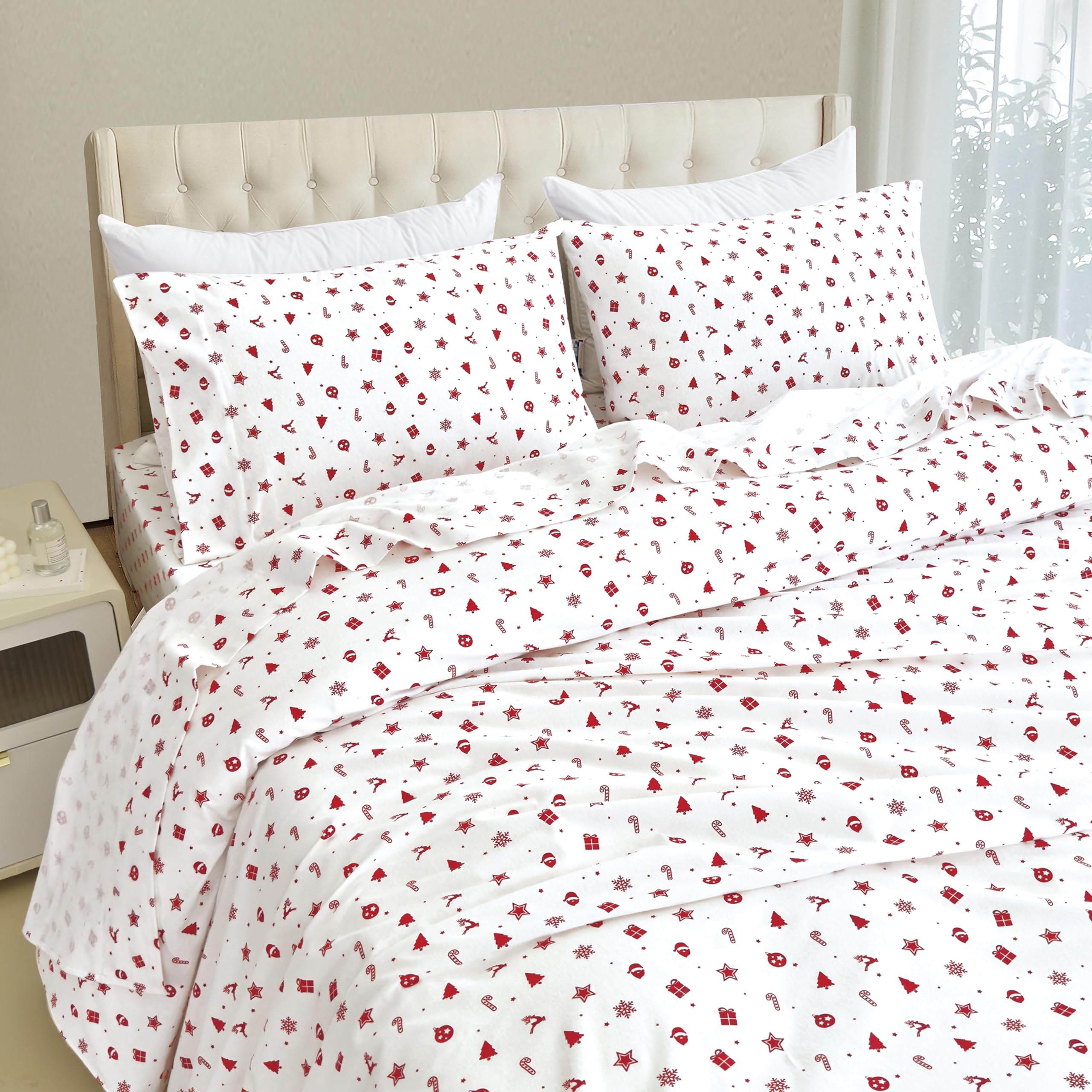Elegant Comfort Ultra Soft 4-Piece 100% Turkish Cotton Flannel Sheet Set - Holiday Christmas Flannel Sheets, Warm And Cozy Premium Quality, Deep Pocket Fitted Sheet- Twin, Red Stars
