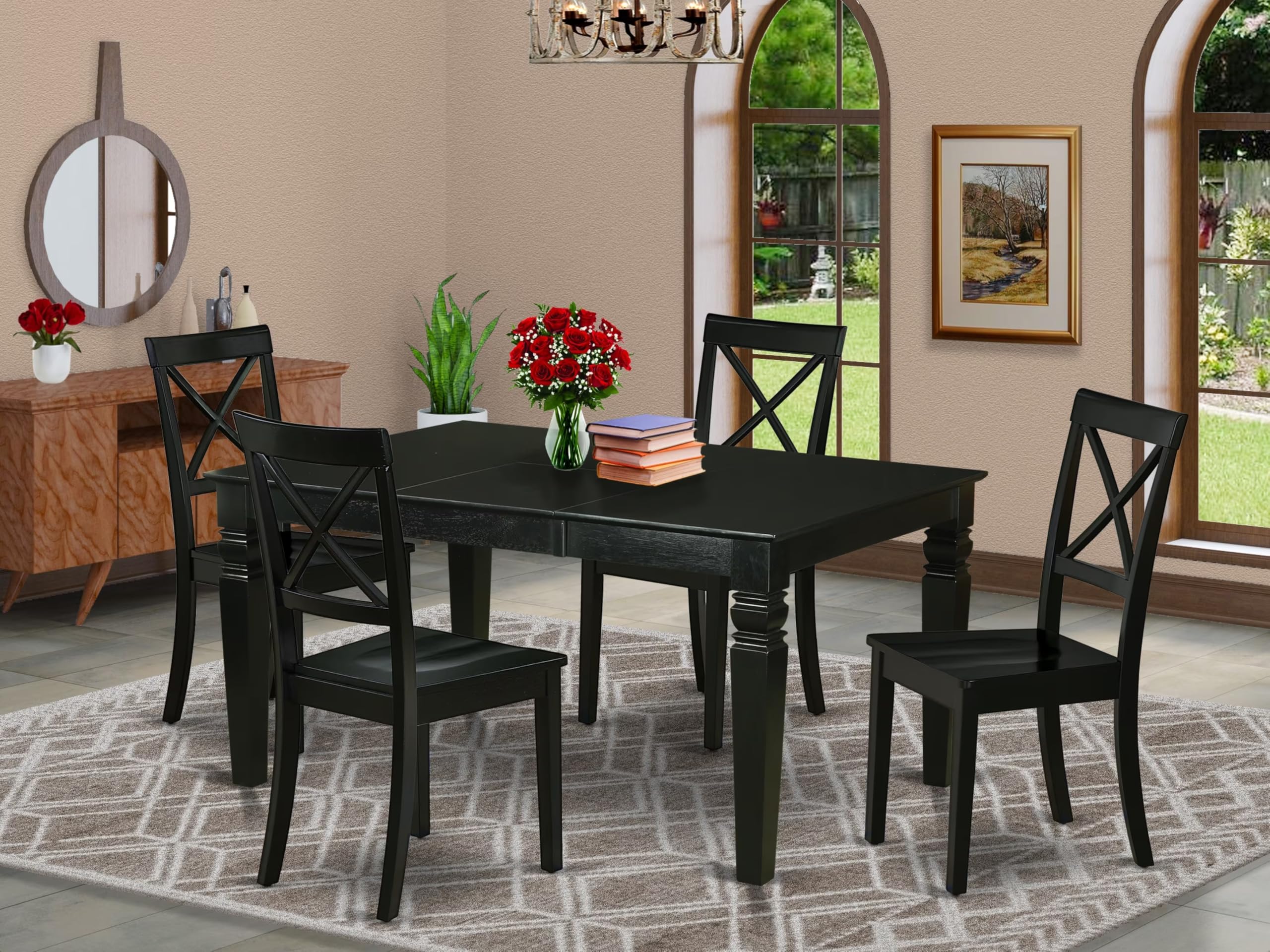 East West Furniture Webo5-Blk-W 5 Piece Dining Room Table Set Includes A Rectangle Kitchen Table With Butterfly Leaf And 4 Dining Chairs, 42X60 Inch, Black