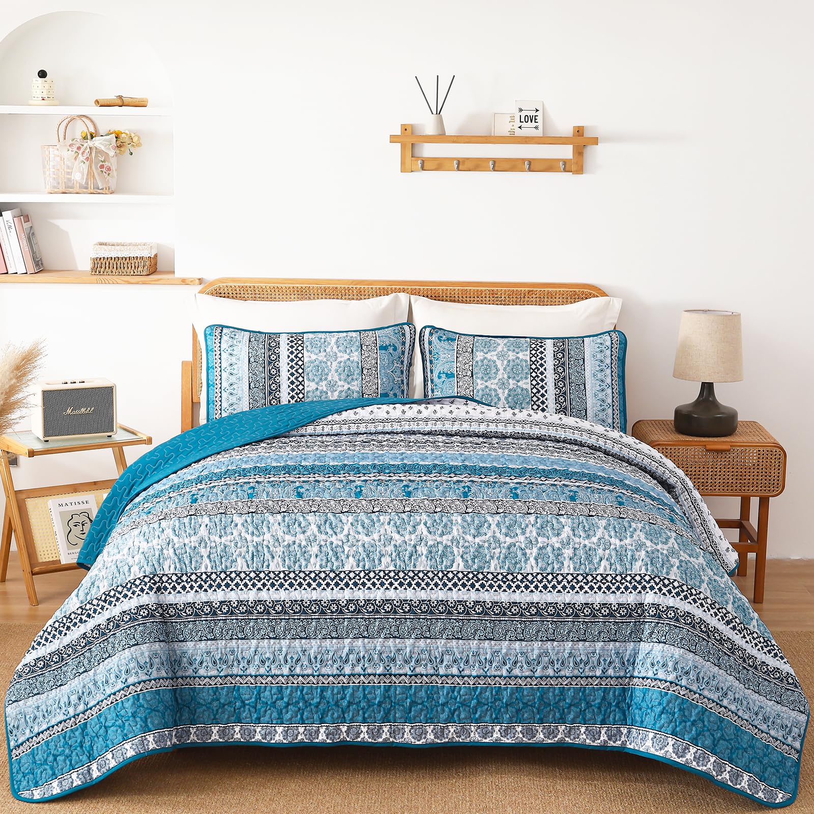 Wongs Bedding Boho Quilt Set Queen Size, Teal Blue Bohemian 3 Pieces Quilt Sets, Lightweight Summer Bedspread Coverlet Bedding S