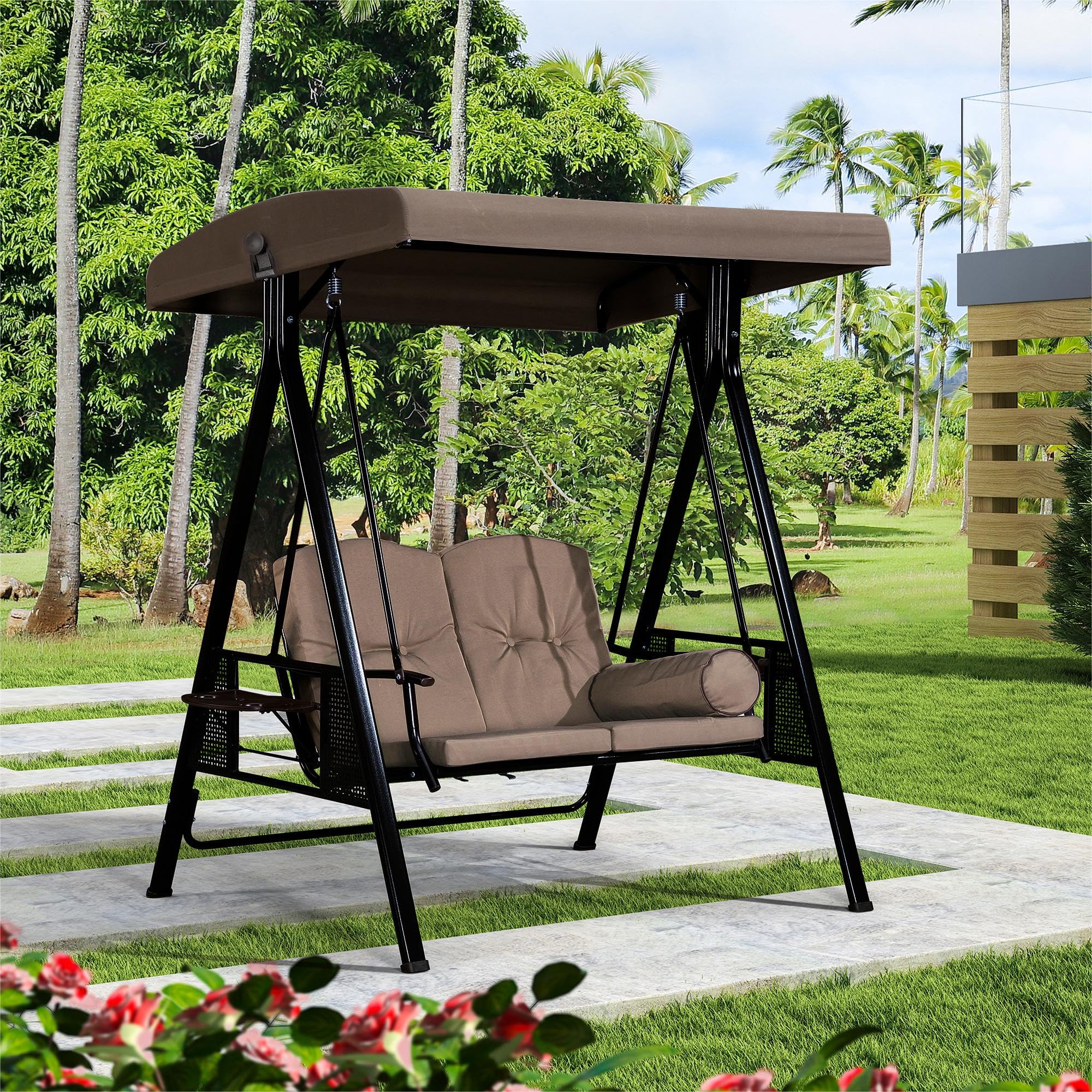 Purple Leaf 2-Seat Deluxe Outdoor Patio Porch Swing With Weather Resistant Steel Frame, Adjustable Tilt Canopy, Cushions And Pillow Included, Beige