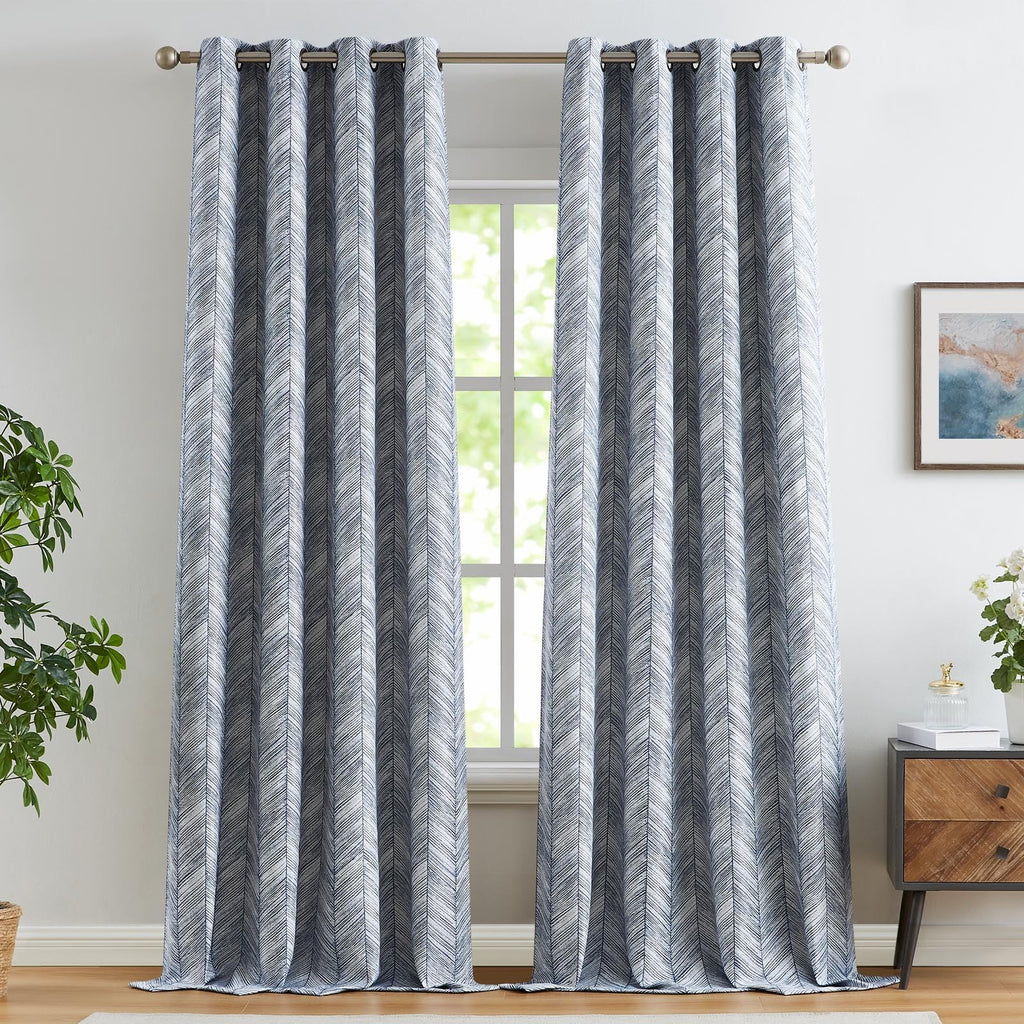 Jinchan Blue Printed Curtains 96 Inch Length For Living Room Grommet Jacquard Curtains With Herringbone Pattern Modern Room Dark