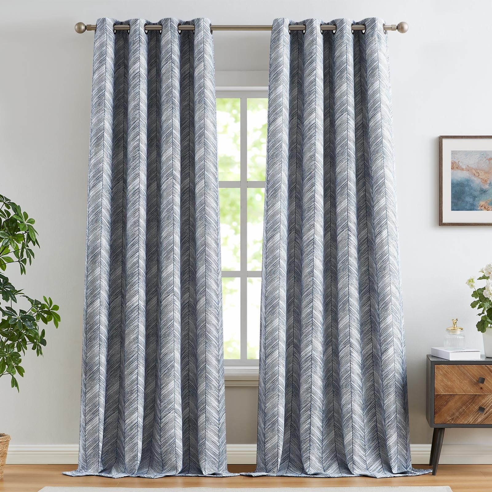 Jinchan Blue Printed Curtains 96 Inch Length For Living Room Grommet Jacquard Curtains With Herringbone Pattern Modern Room Dark