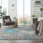 Nourison Passion Grey 8' X Round Area Rug, Floral, Farmhouse, Easy Cleaning, Non Shedding, Bed Room, Living Room, Dining Room, Kitchen, (8' Round)