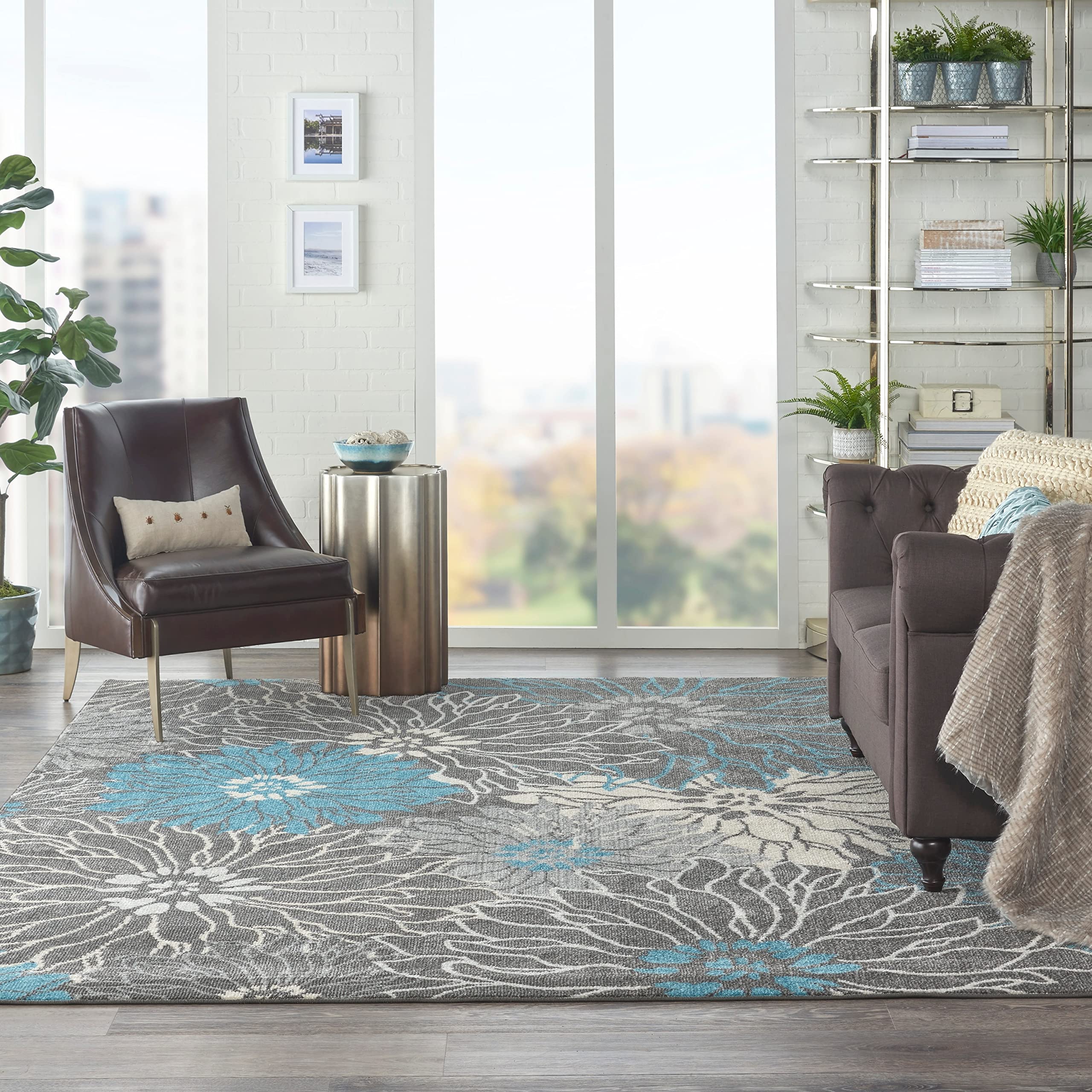 Nourison Passion Grey 8' X Round Area Rug, Floral, Farmhouse, Easy Cleaning, Non Shedding, Bed Room, Living Room, Dining Room, Kitchen, (8' Round)