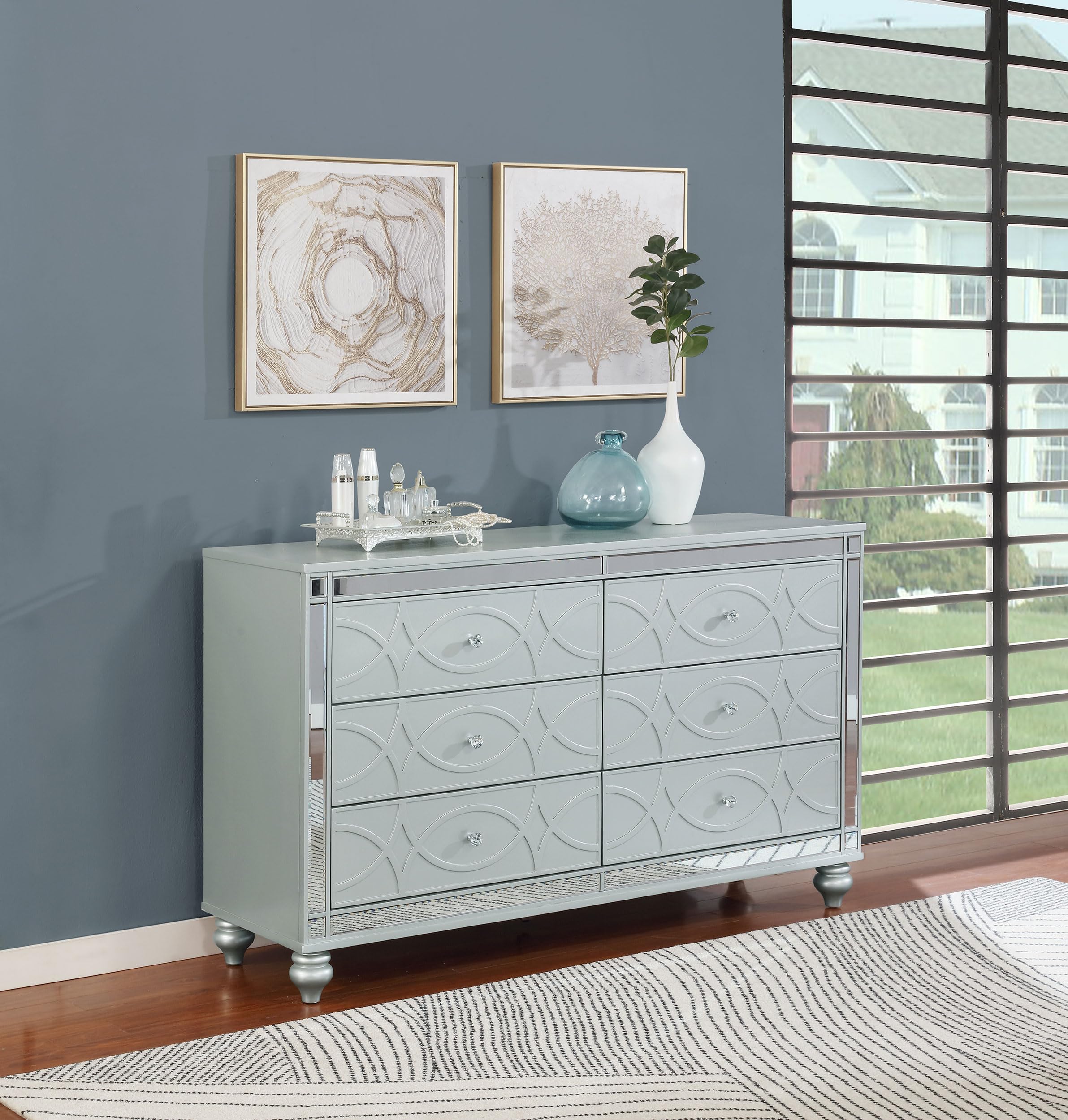 Coaster Home Furnishings Gunnison Modern Classic 62-inch 6-Drawer Bedroom Dresser Clothing Storage Cabinet Wide Chest of Drawers Organizer Unit Silver Metallic 223213