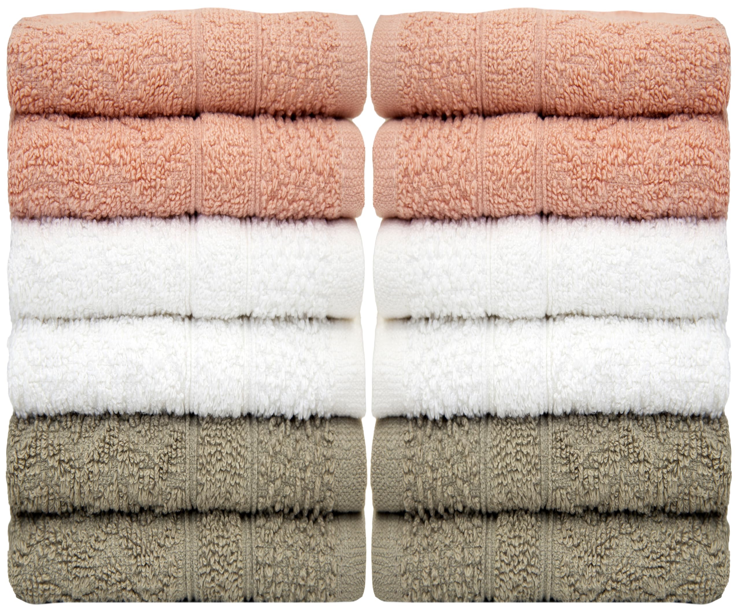 Ph Pleasant Home Diamond Wash Cloths Set - 12 Pack (12” X 12”) – 509 Gsm - 100% Ring Spun Cotton Wash Cloth - Super Soft And Highly Absorbent Face Towels (Blush, White & Tan)
