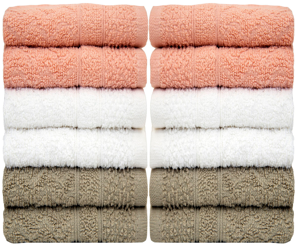 Ph Pleasant Home Diamond Wash Cloths Set - 12 Pack (12” X 12”) – 509 Gsm - 100% Ring Spun Cotton Wash Cloth - Super Soft And Highly Absorbent Face Towels (Blush, White & Tan)