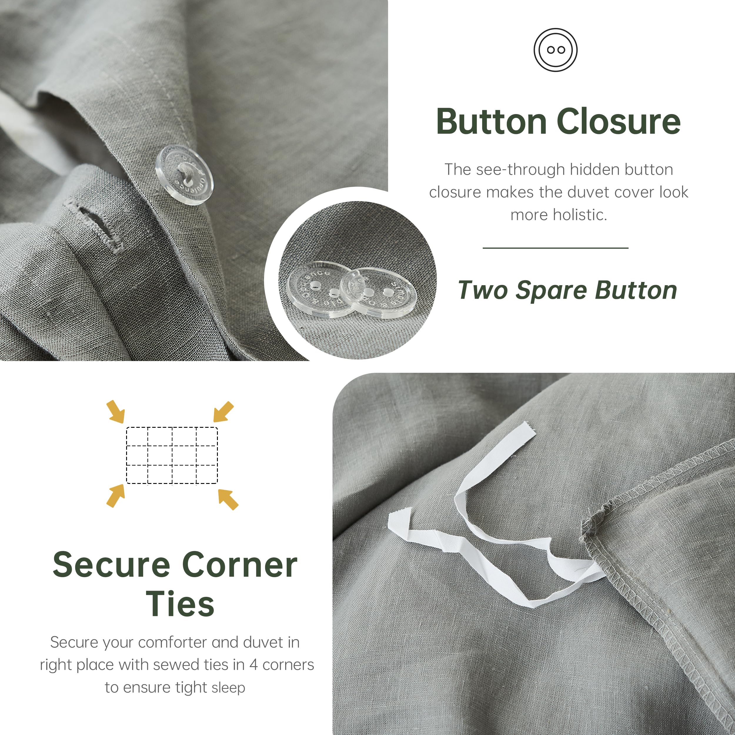 Simple&Opulence 100% Linen Duvet Cover Set, 3 Pcs Pure Natural French Flax Ultimate Grey Duvet Cover King Size, Breathable Soft