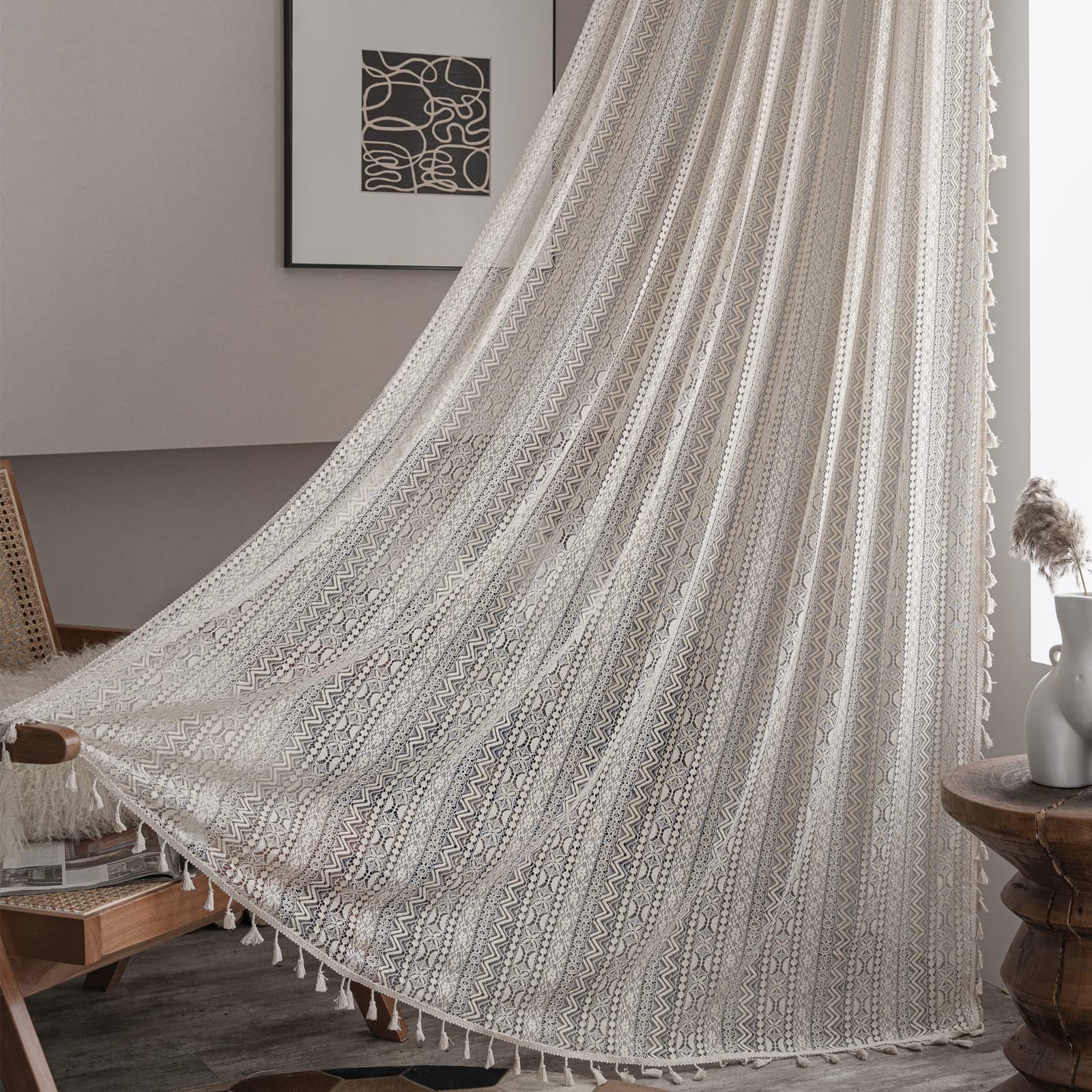 Sutuo Home Crochet Boho Curtain 63 Inches Length, Sheer Lace Handmade Tassels Knitted Window Treatment Vintage Rustic Bohemian F