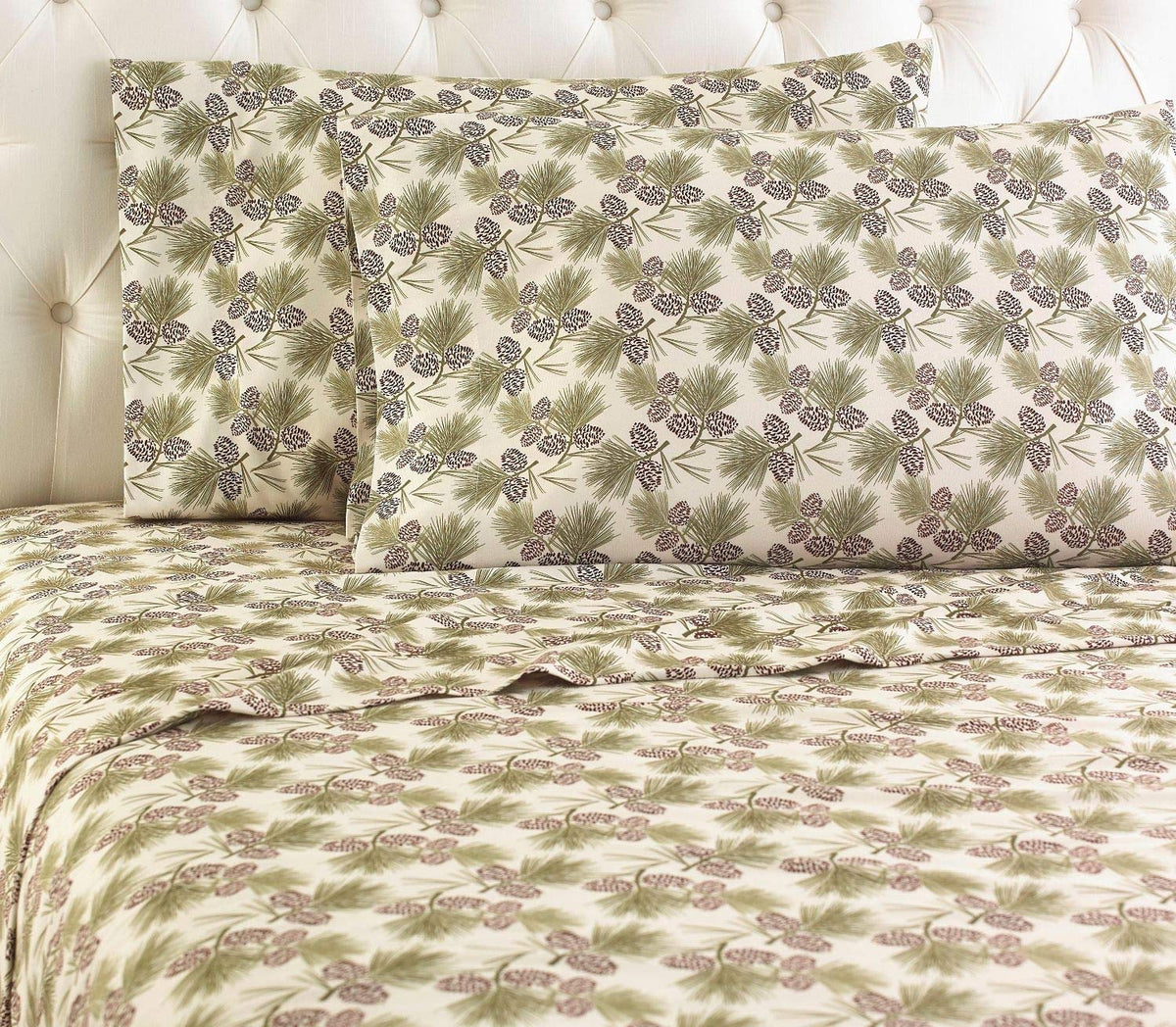 Shavel Home Products Micro Flannel Printed Sheet Set, Queen, Pinecone Natural