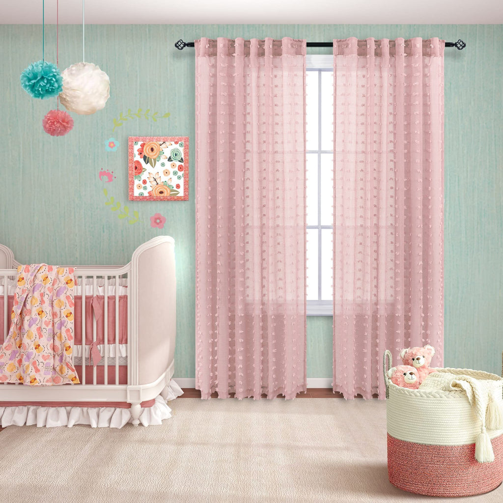 Koufall Dusty Pink Nursery Curtains For Baby Girls Bedroom Decor Boho Pom Pom Sheer Curtain For Kids Room 63 Inch Length 2 Panels