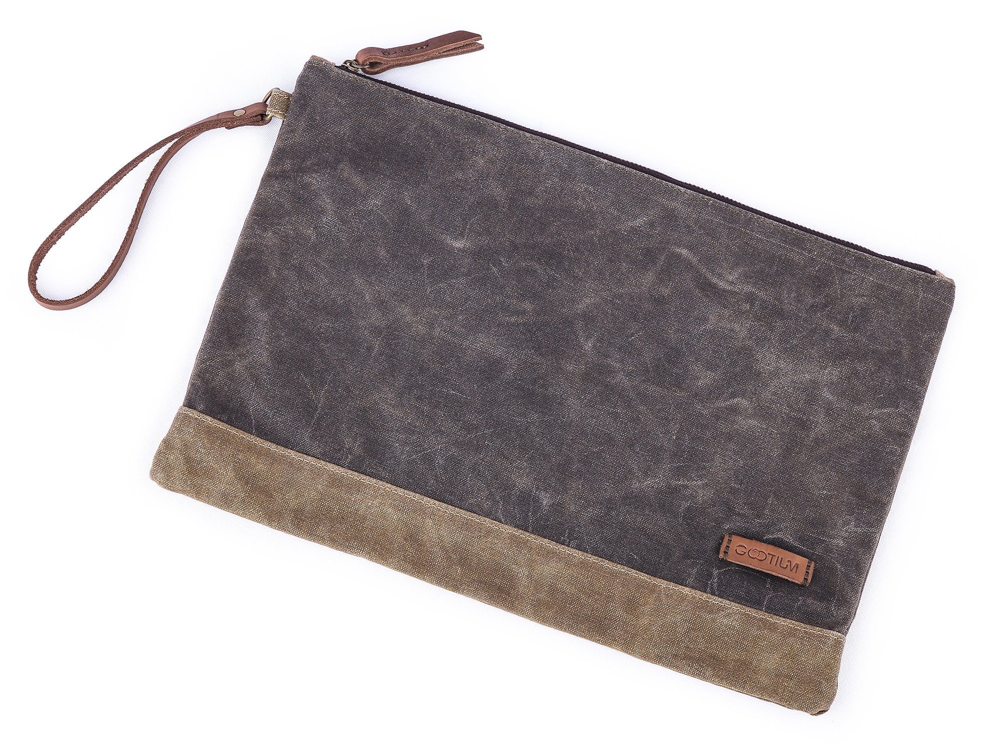 Gootium Waxed Canvas Zip Folio Pencil Pouch - Office Supply Zippered Makeup Bag Multipurpose File Folder - Size 13'X9.4', Oliv