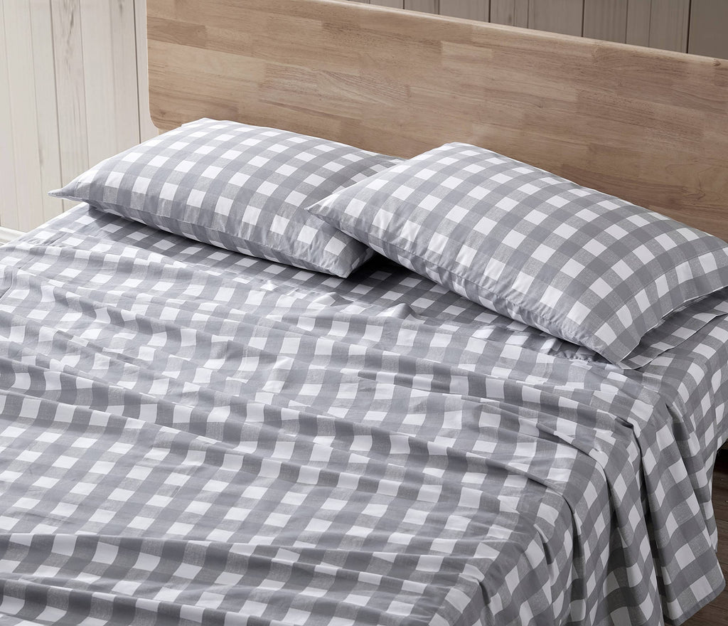 Eddie Bauer Home Sheets Cotton Percale Bedding Set, Crisp & Cool, Stylish Home Decor, Queen, Lakehouse Plaid Grey/White