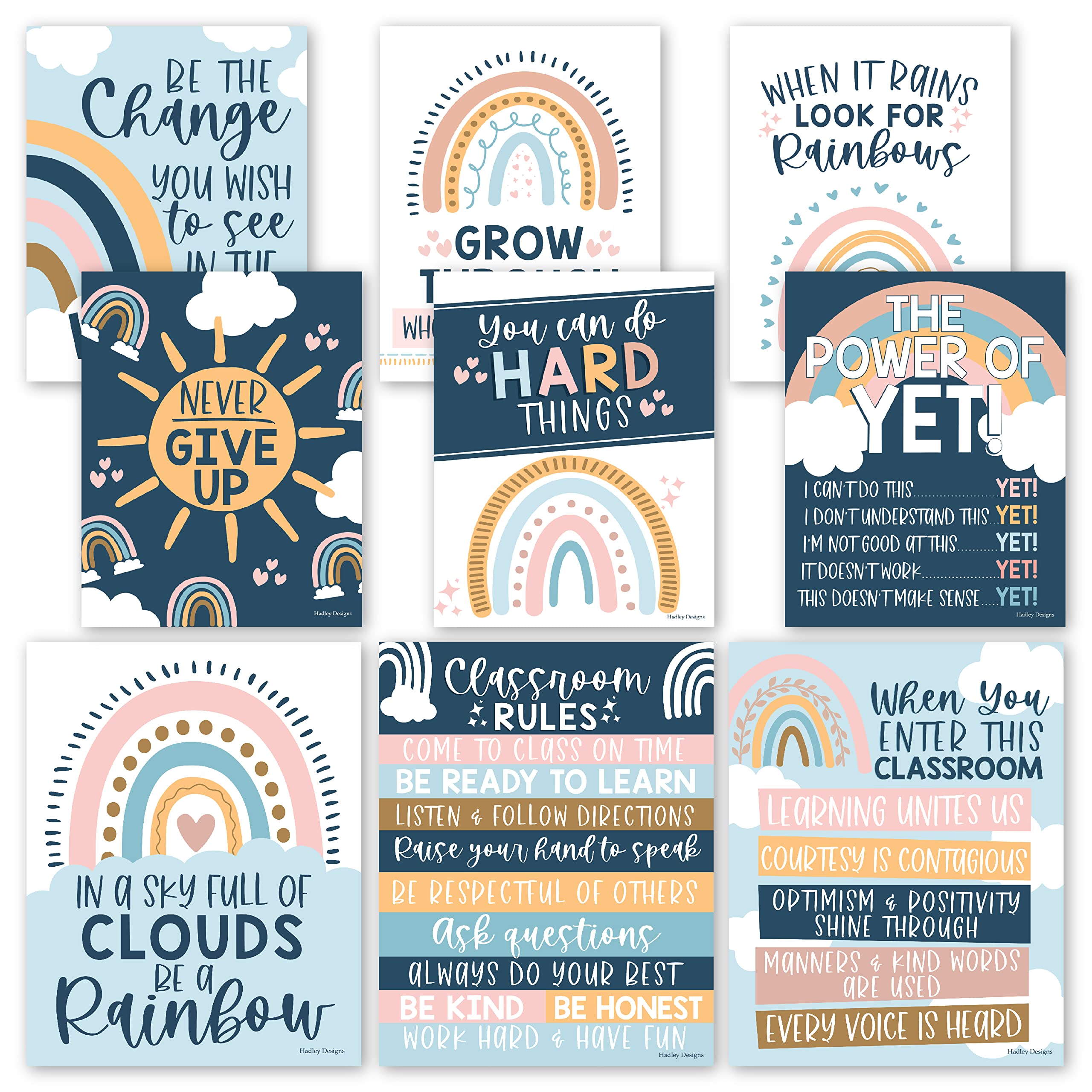 Hadley Designs 9 Boho Rainbow Classroom Decor Signs Welcome Sign For Bulletin Board Decorations, Growth Mindset Classroom Poster