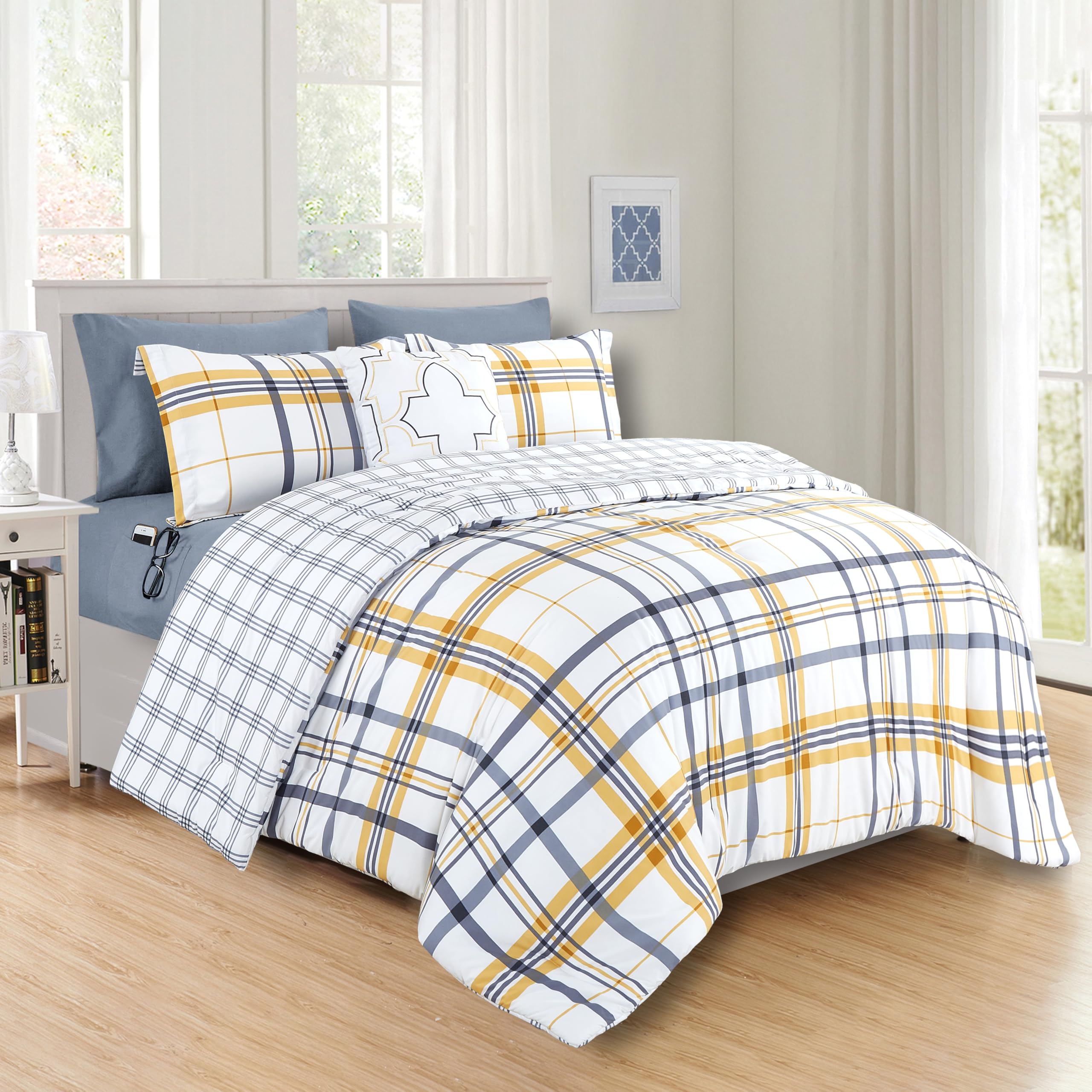 Elegant Comfort 8- Piece Lodge Plaid Reversible Comforter Set Bed-In-A-Bag Set - Silky Soft Complete Set Includes Bed Sheet Set With Double Sided Storage Pockets, Twin/Twin Xl, Gold