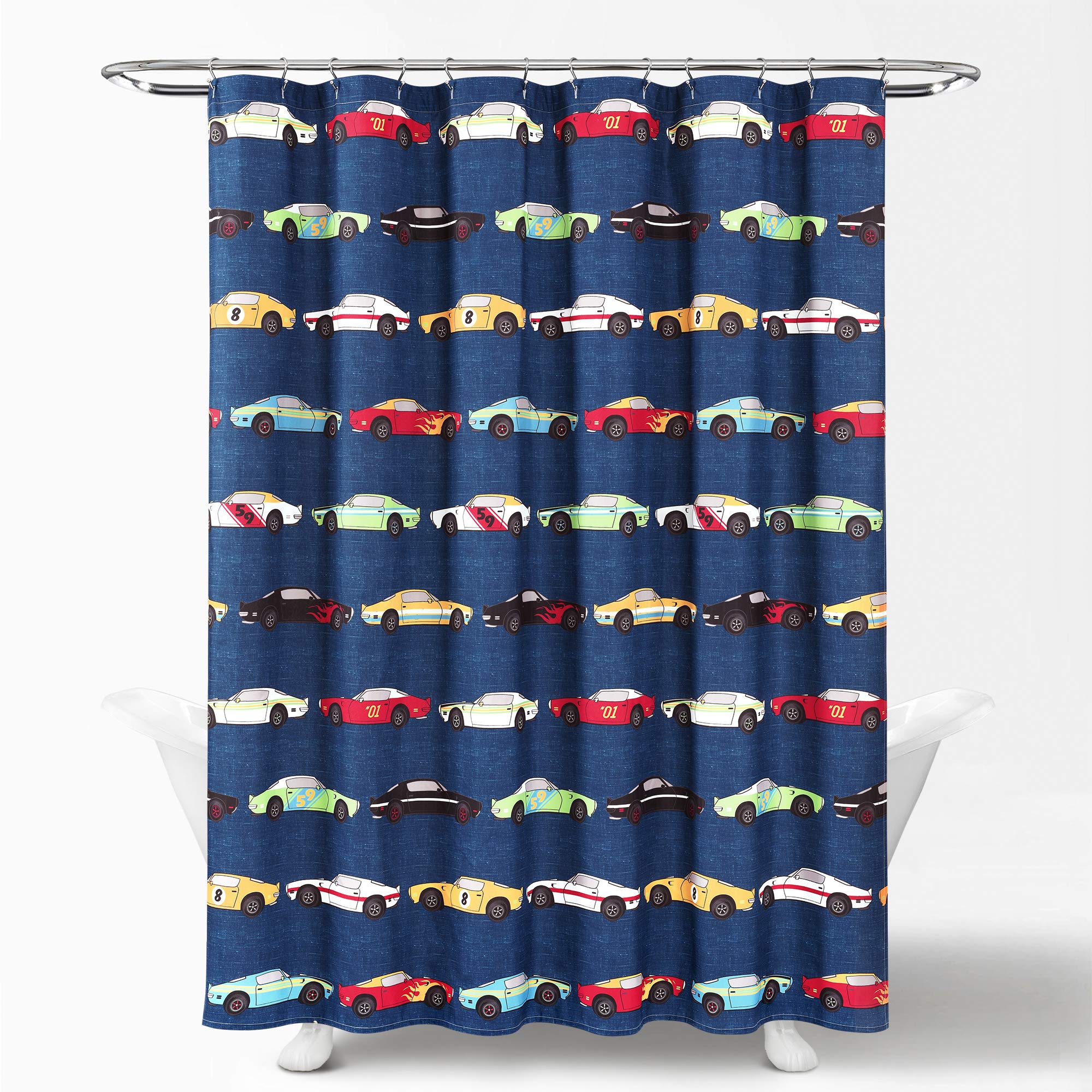 Lush Decor, Navy Cars Shower Curtain-Fabric Racing Print Design For Kids, X 72