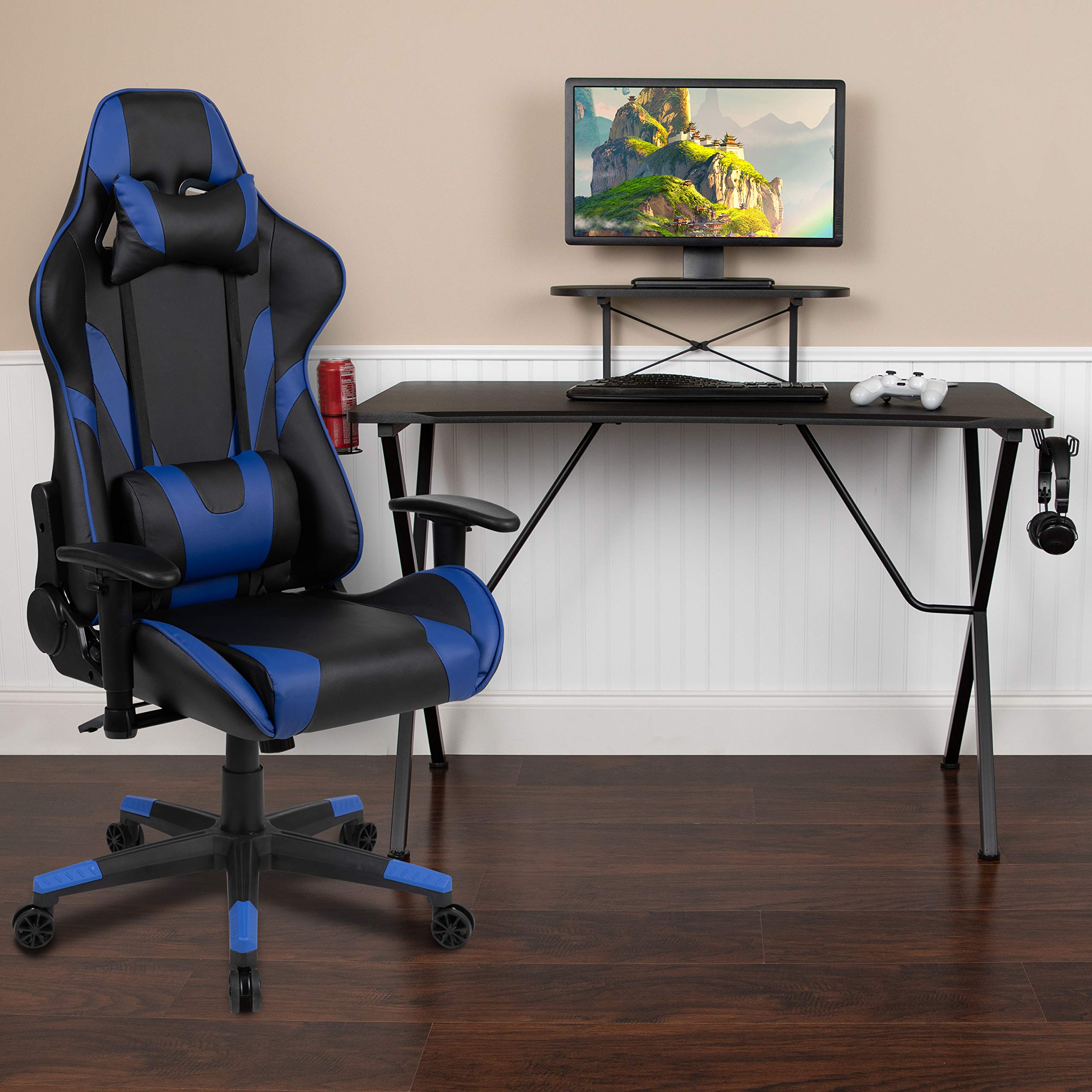 Flash Furniture Optis Black Gaming Desk And Blue Reclining Gaming Chair Set With Cup Holder, Headphone Hook, And Monitor/Smartphone Stand