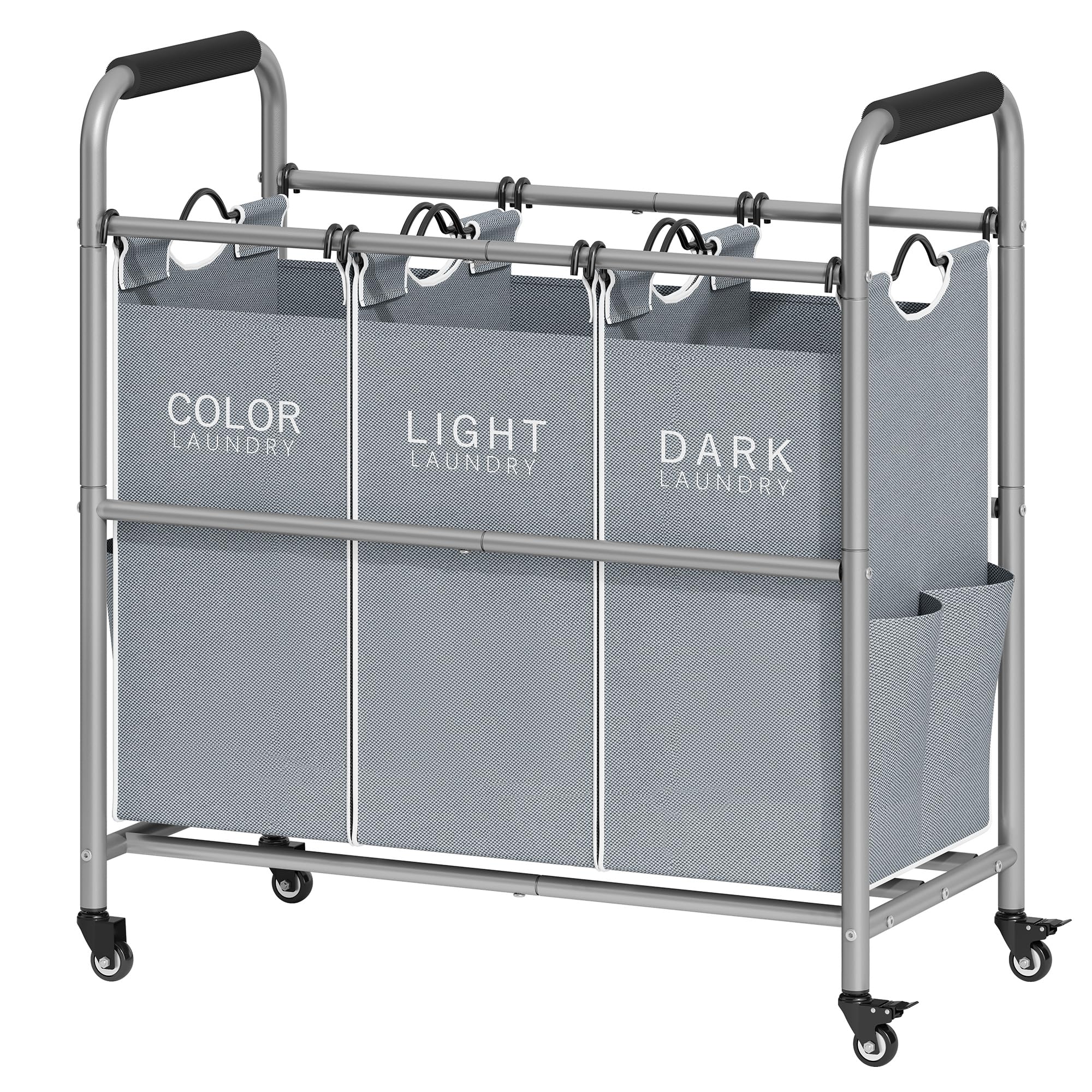 Tajsoon 3 Bag Laundry Sorter Cart, Laundry Hamper Sorter Basket with Heavy Duty Lockable Rolling Wheels for Clothes Storage, Gre