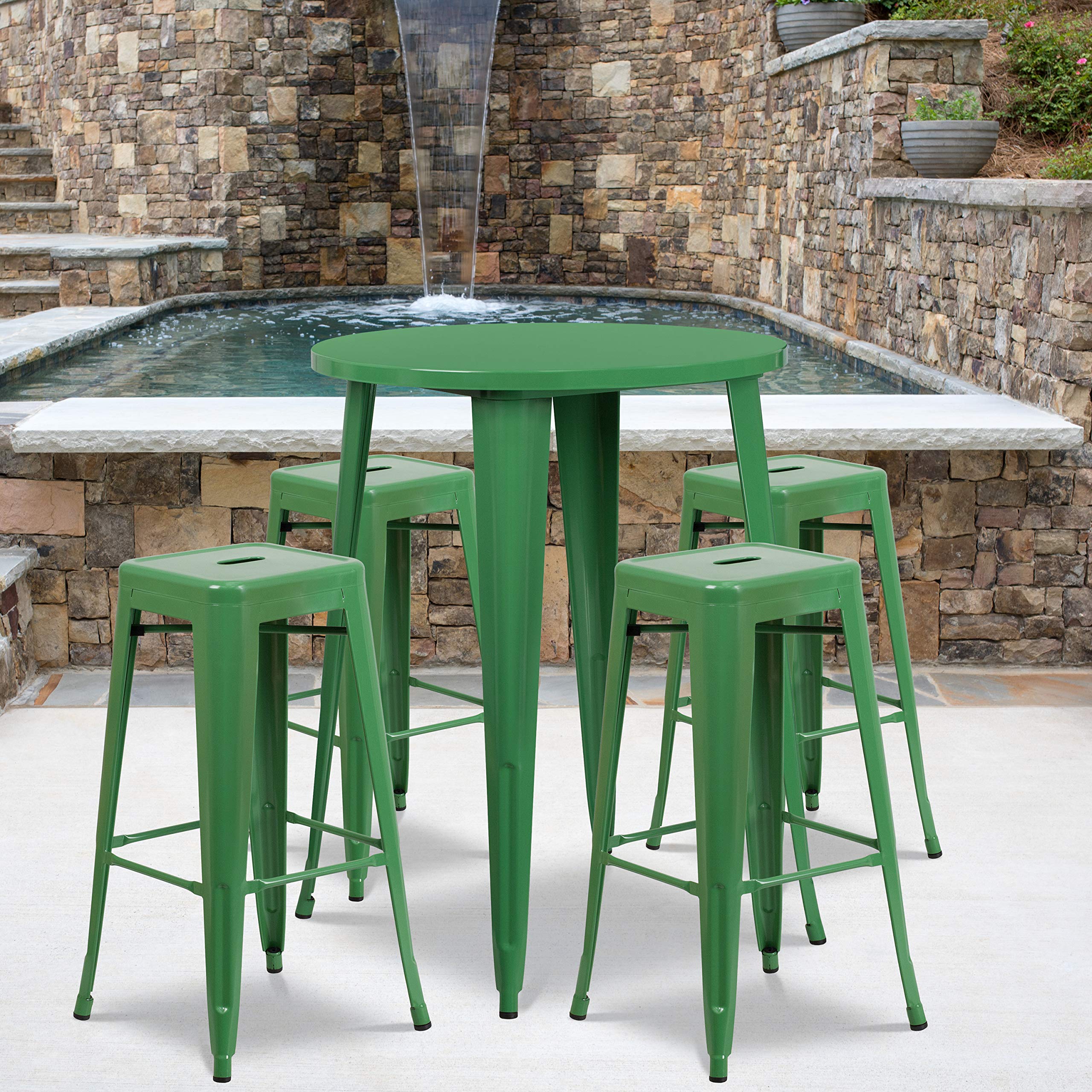 Flash Furniture Commercial Grade 30 Round Green Metal IndoorOutdoor Bar Table Set with 4 Square Seat Backless Stools