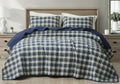 Chezmoi Collection Chad 3-Piece Printed Plaid Cotton Quilt Set Queen Size - Blue Green Light Beige Plaid - Stone Washed Cotton B