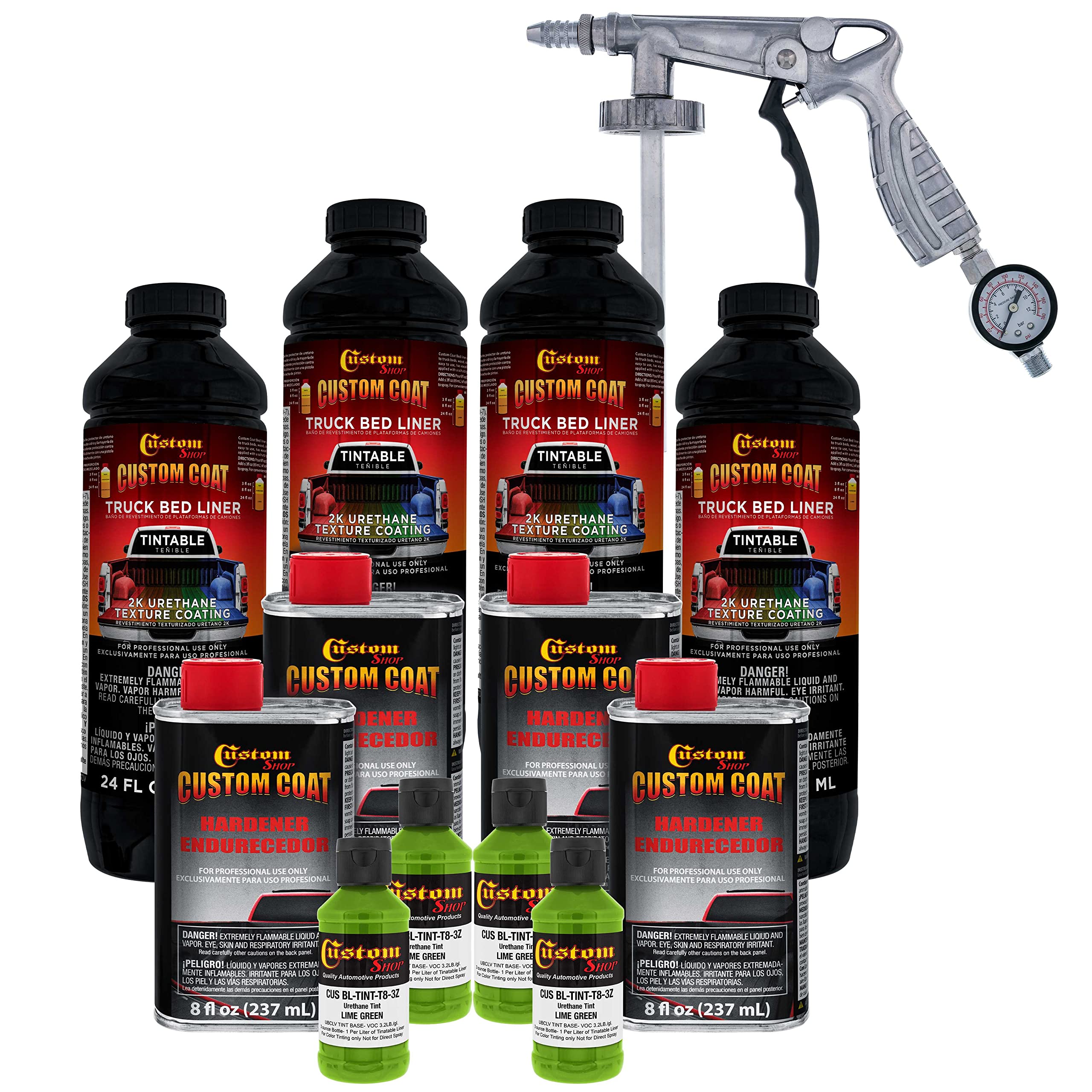 Custom Coat Lime Green 1 Gallon Urethane Spray-On Truck Bed Liner Kit With Spray Gun And Regulator - Easy Mixing, Shake, Shoot I