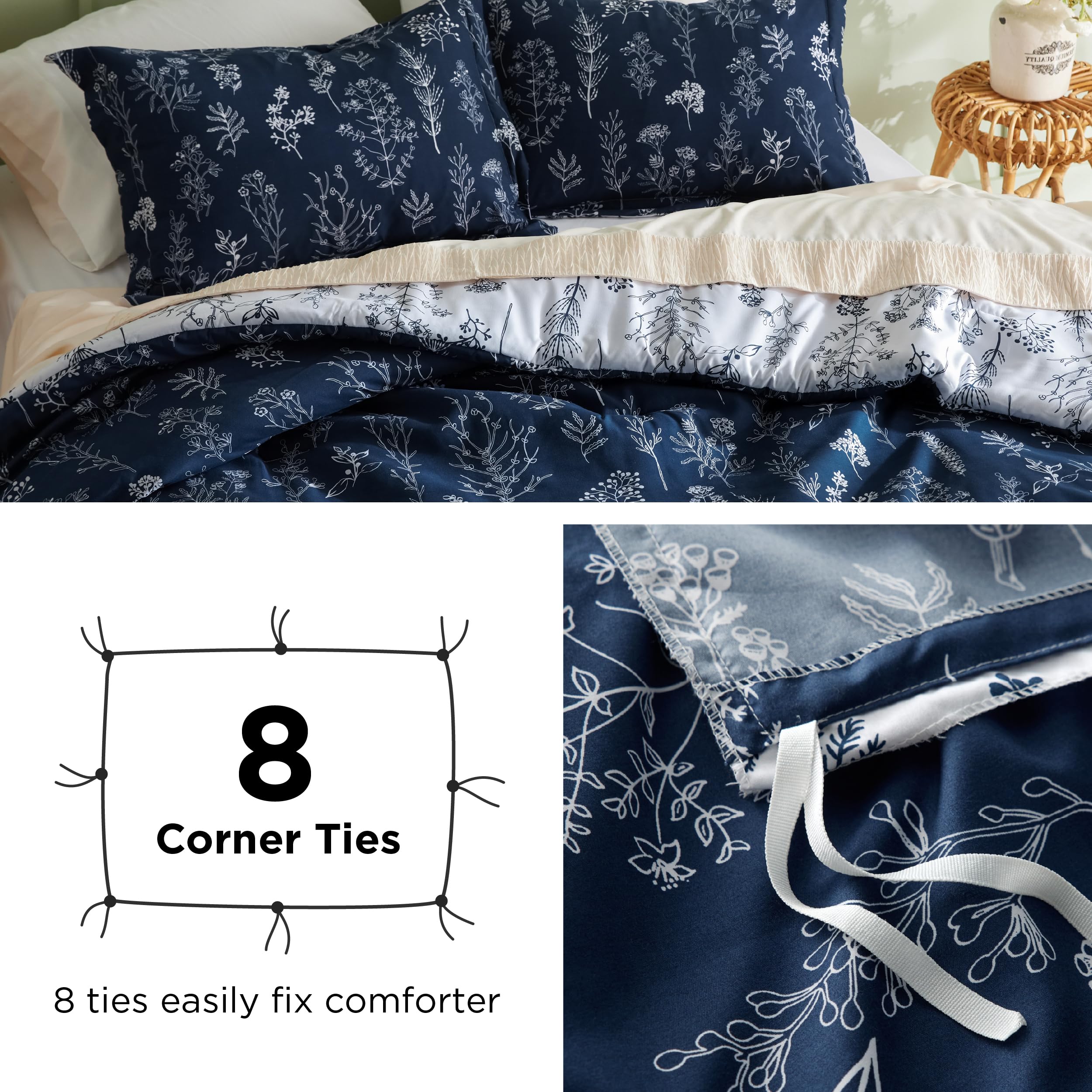 Bedsure Duvet Cover Full Size - Reversible Navy Blue Full Duvet Cover Set With Zipper Closure, 3 Pieces Cute Floral Botanical Bedding Set With 8 Corner Ties And 2 Pillow Shams