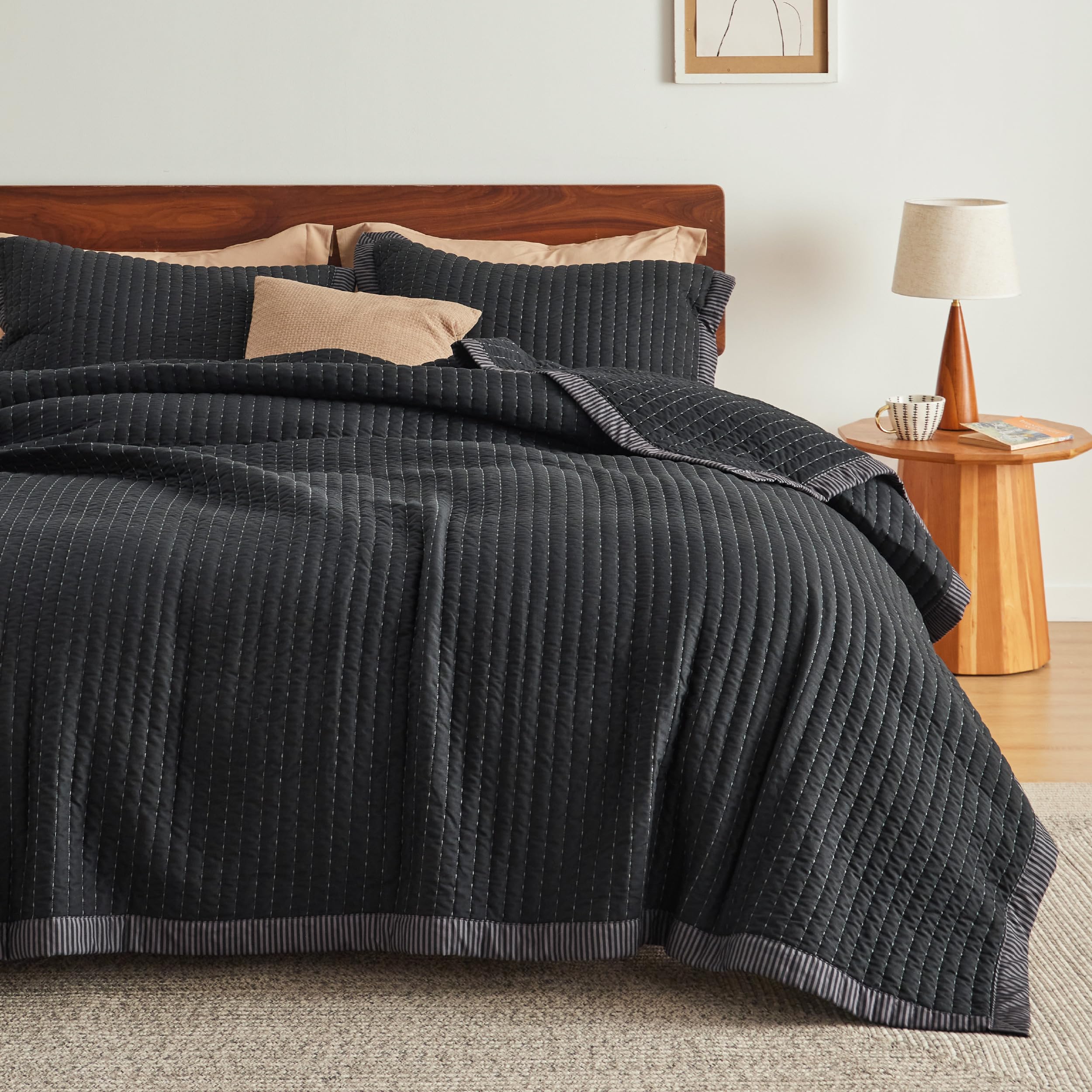 Bedsure Black Bedspread Coverlet Queen Size - Lightweight Soft Quilt Bedding Set For All Seasons, Corduroy Pattern Quilt Set, 3