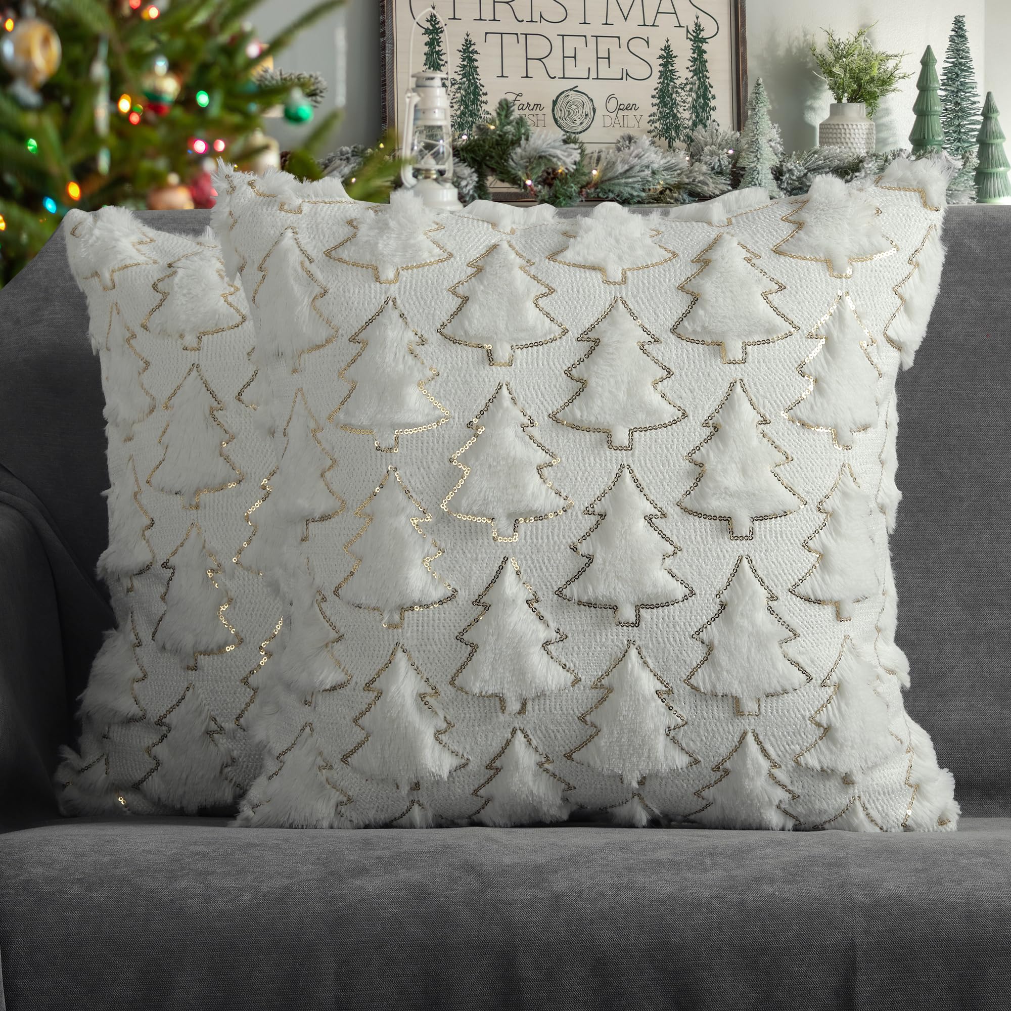 4TH Emotion Christmas Tree Decorative Pillow Covers 20x20 Set of 2, White Soft Plush Faux Fur Farmhouse Throw Cushion Cases for 