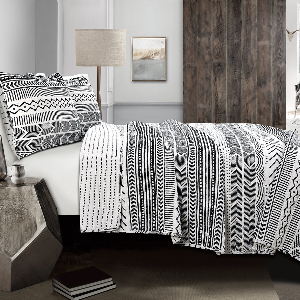 Lush Decor Hygge Geo Pattern Striped 3 Piece Quilt Bedding Set, King, Black & White