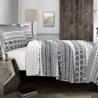 Lush Decor Hygge Geo Pattern Striped 3 Piece Quilt Bedding Set, King, Black & White